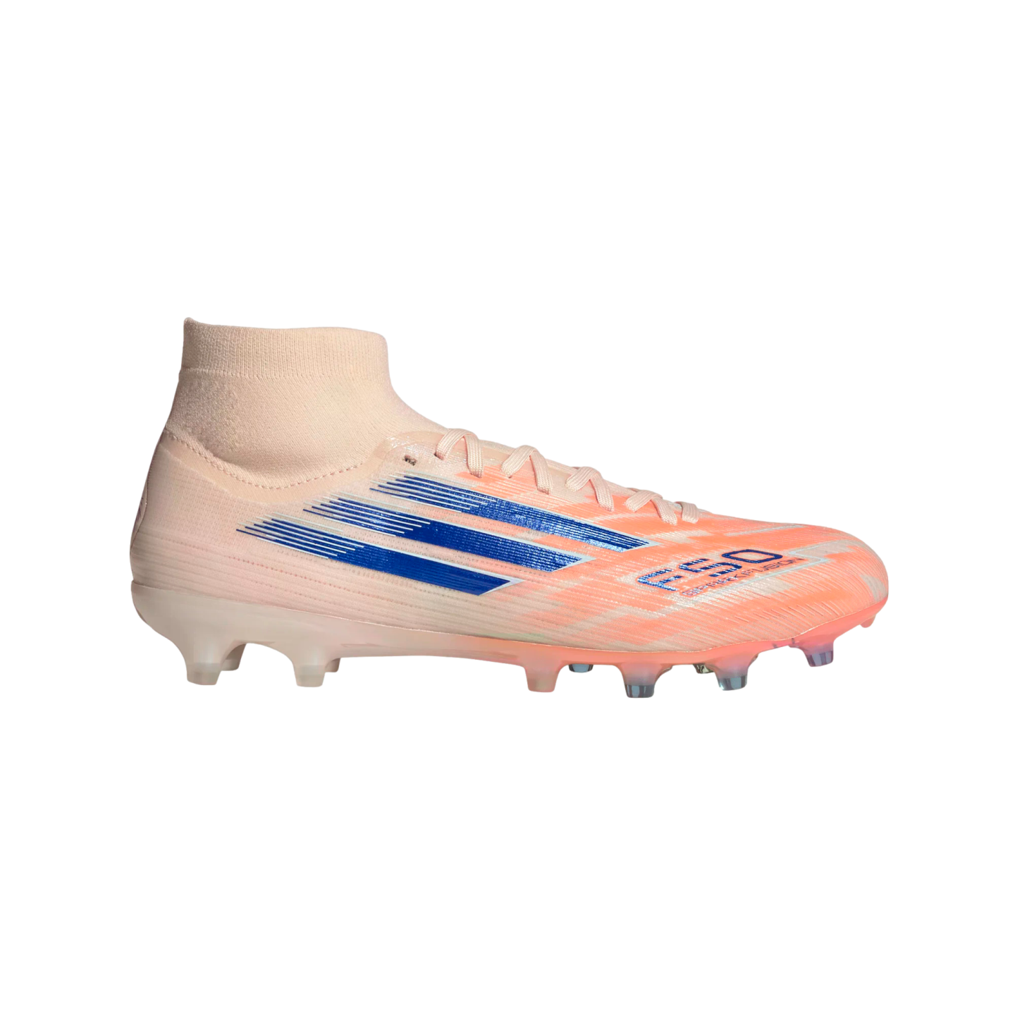 Side profile of a peach-colored Adidas F50 soccer cleat with blue diagonal stripes and a mid-cut collar, set against a solid black background.