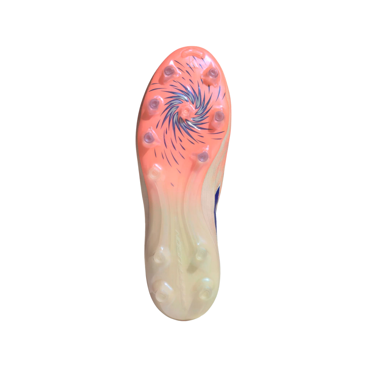 Underside of a soccer cleat with a gradient orange-to-white soleplate, clear studs, and a dark blue swirling graphic on the forefoot.