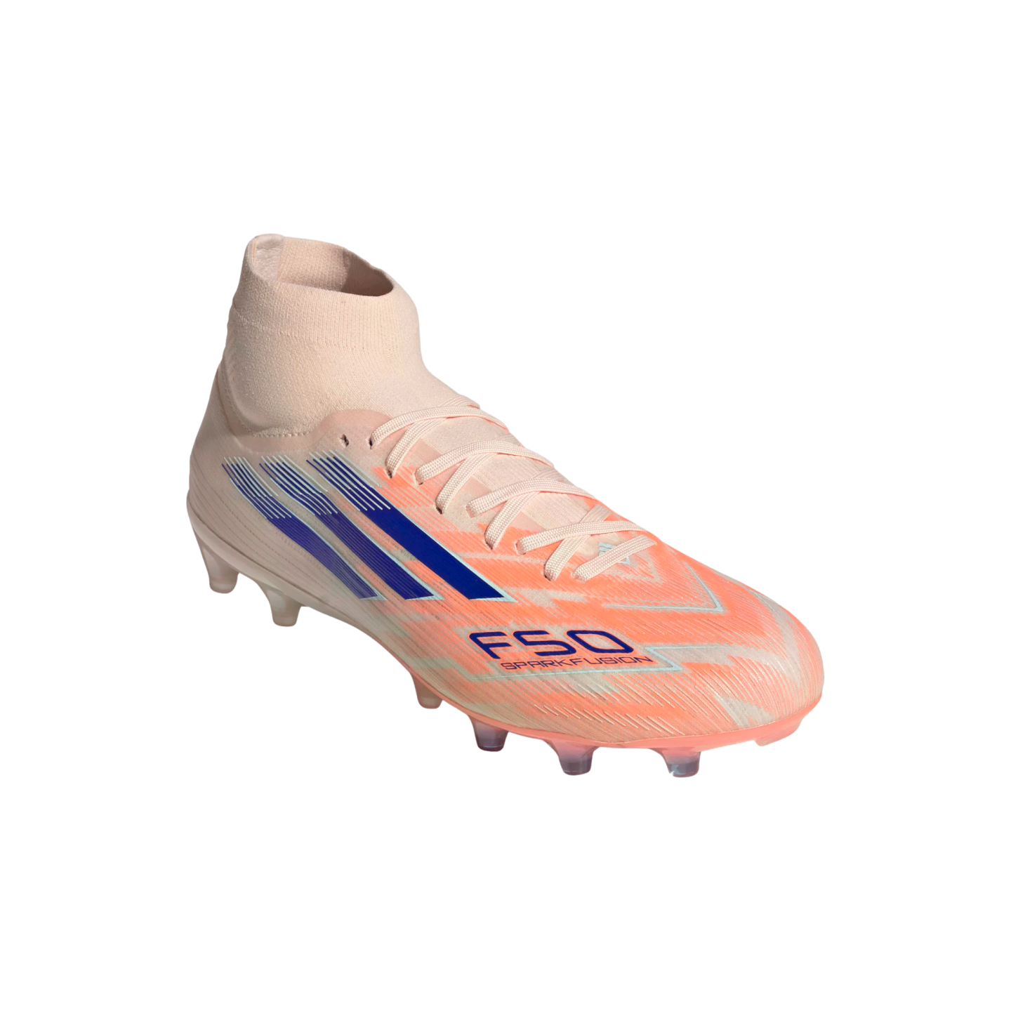 Peach-colored F50 Sparkfusion soccer cleat with blue stripes and an ankle collar, shown against a solid black background.