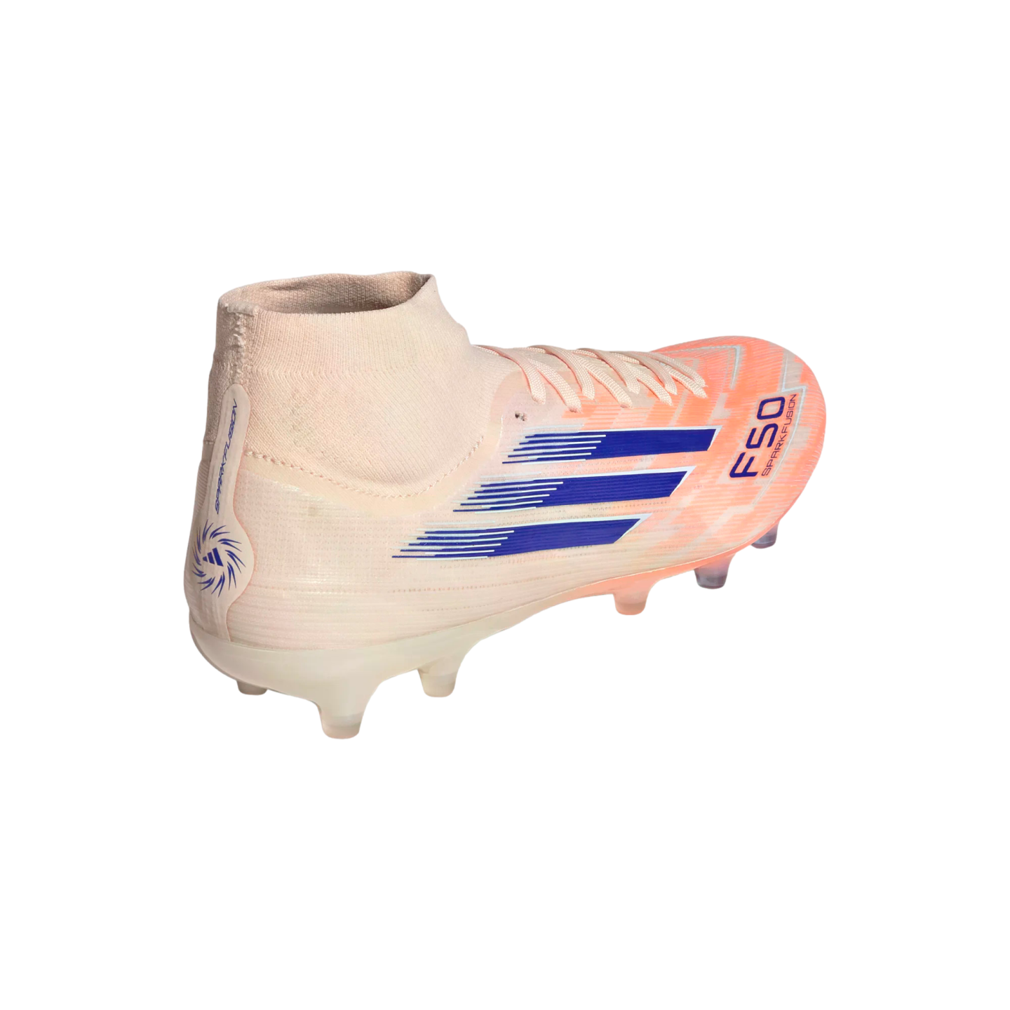 Peach-colored Adidas F50 Sparkfusion soccer cleat with blue stripes, a high-top collar, and clear studs, set against a black background.