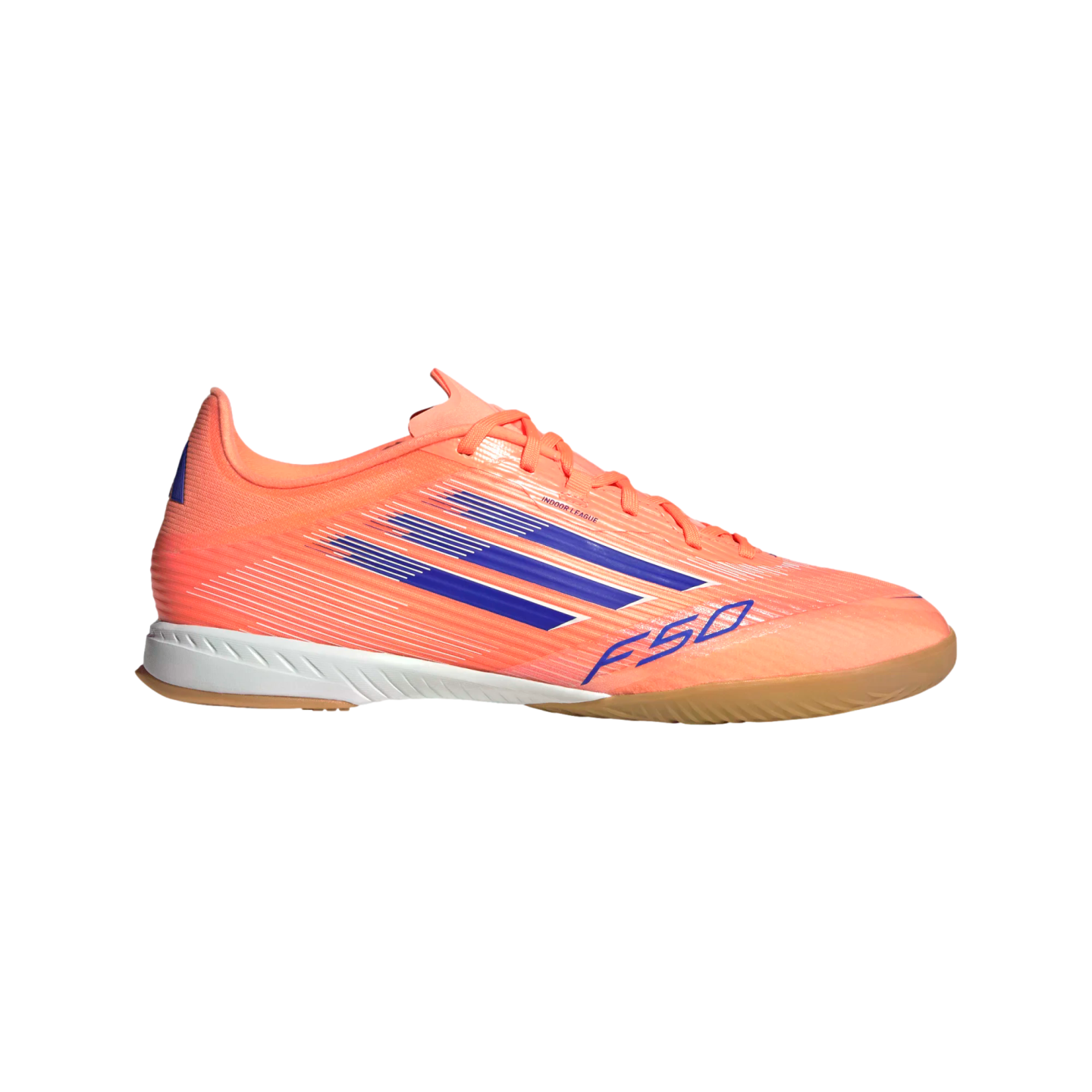 Profile view of a bright orange Adidas F50 indoor soccer shoe with blue stripes and a gum rubber outsole against a black background.