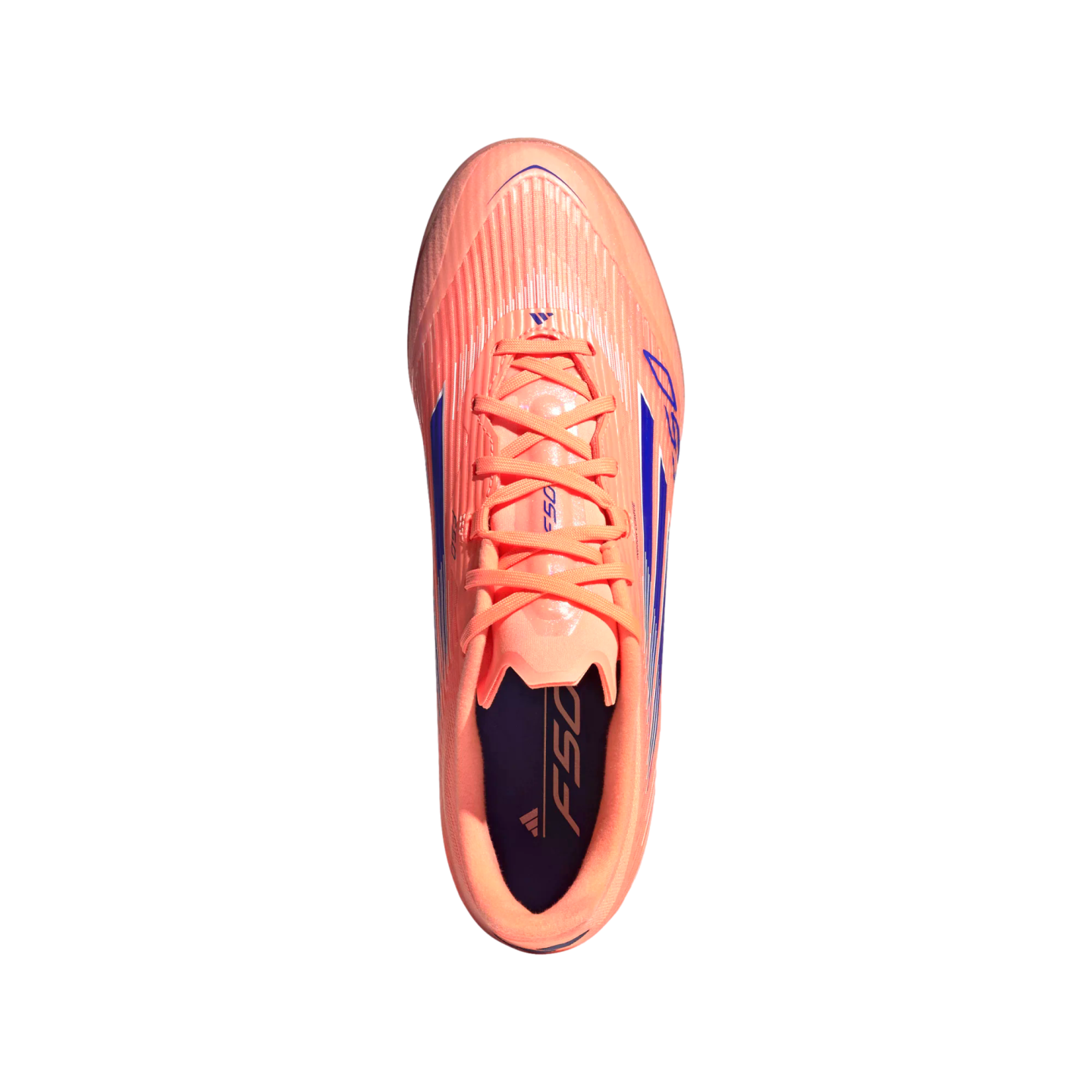 Top-down view of a coral Adidas F50 soccer cleat with blue accents and matching laces, set against a black background.