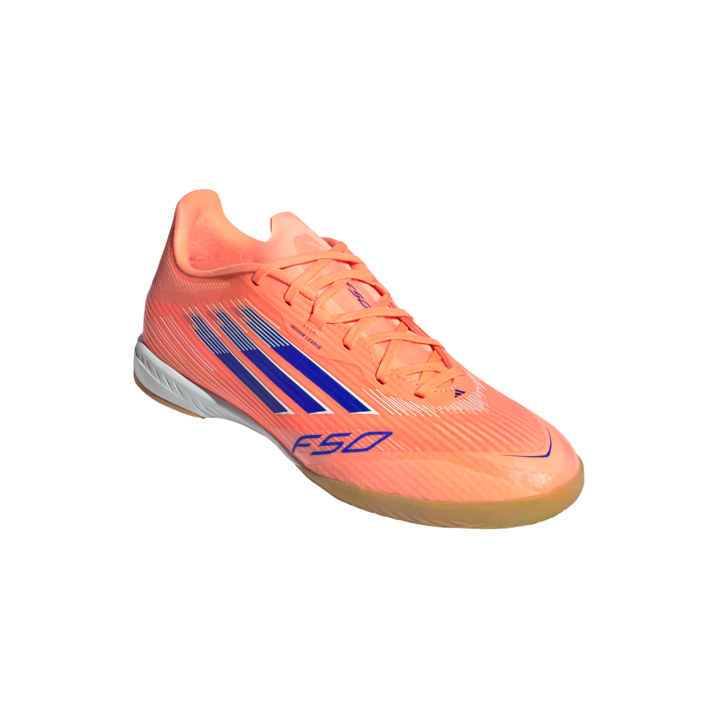 Bright orange Adidas F50 indoor soccer shoe with blue three-stripes and logo, featuring a gum rubber sole, isolated on a black background.