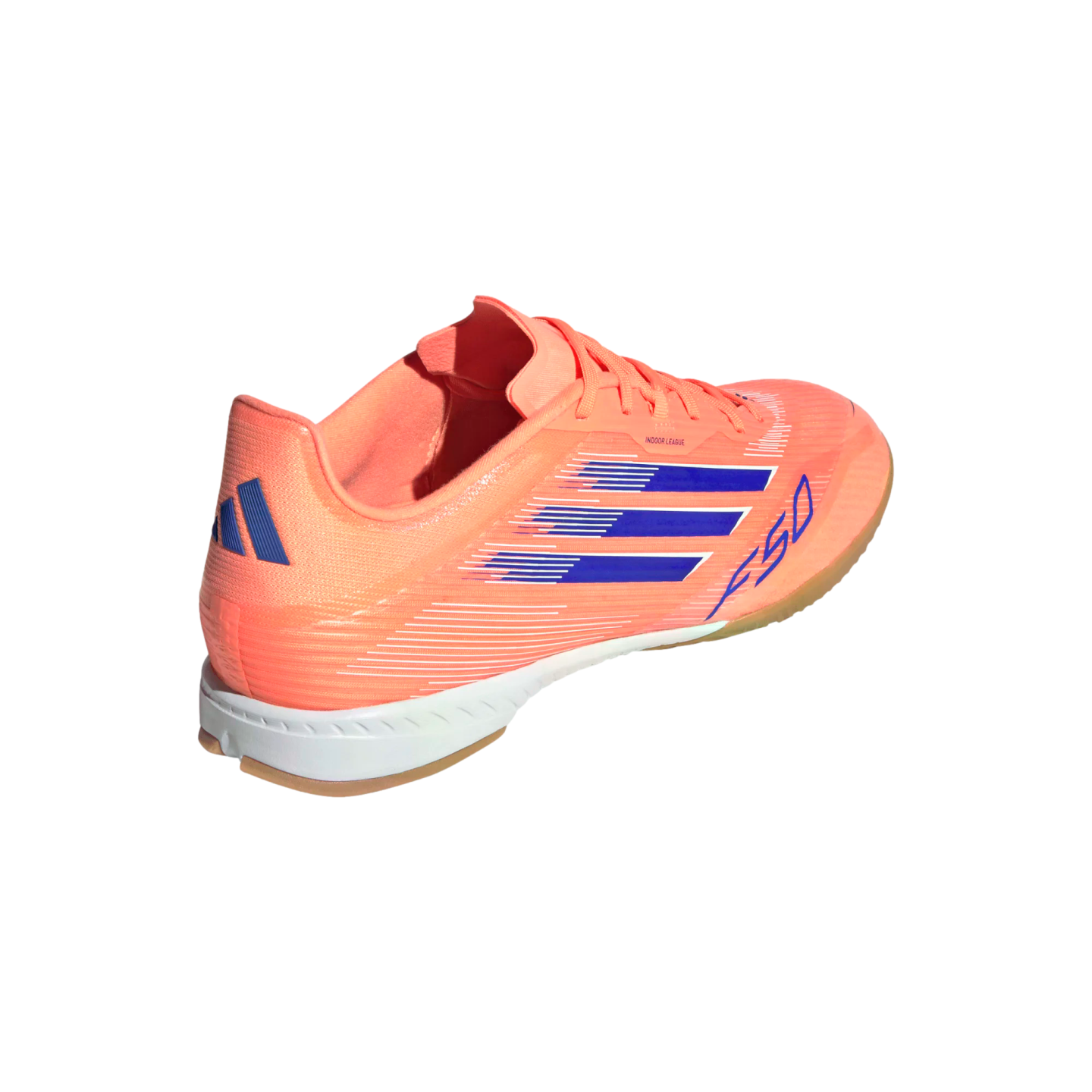 Salmon Adidas F50 indoor soccer shoe with blue stripes and white midsole, shown from a rear three-quarter angle on a black background.