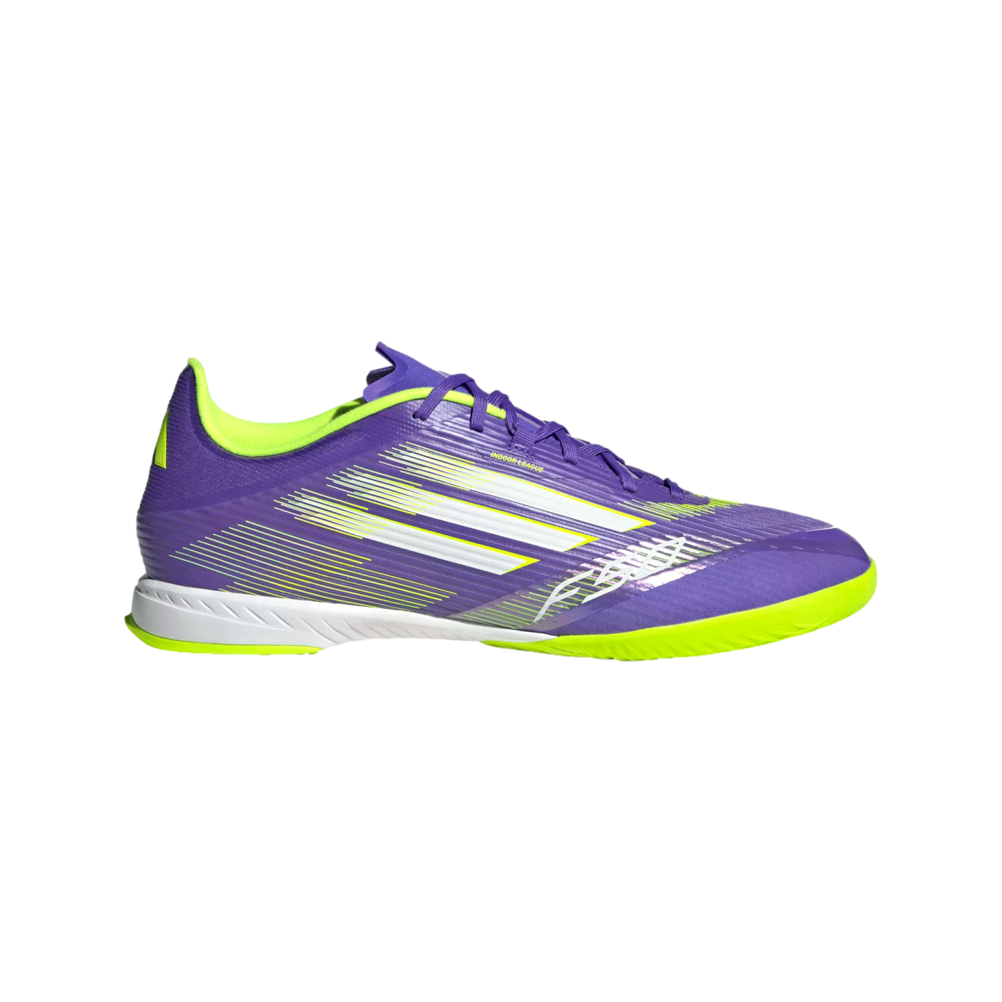 Purple and lime yellow Adidas indoor soccer shoe featuring white stripes, shown from a side profile against a black background.