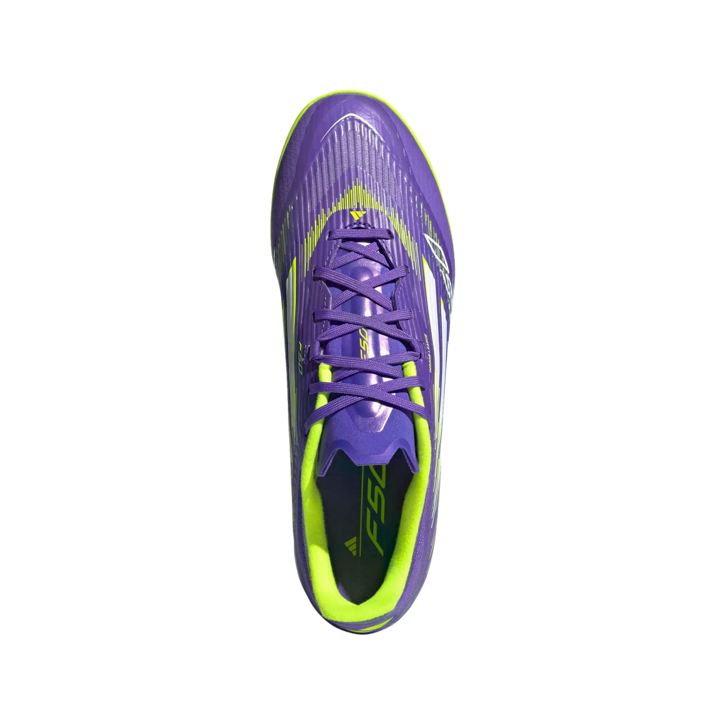 Top-down view of a purple Adidas F50 indoor soccer shoe with neon yellow lining and accents on a black background.