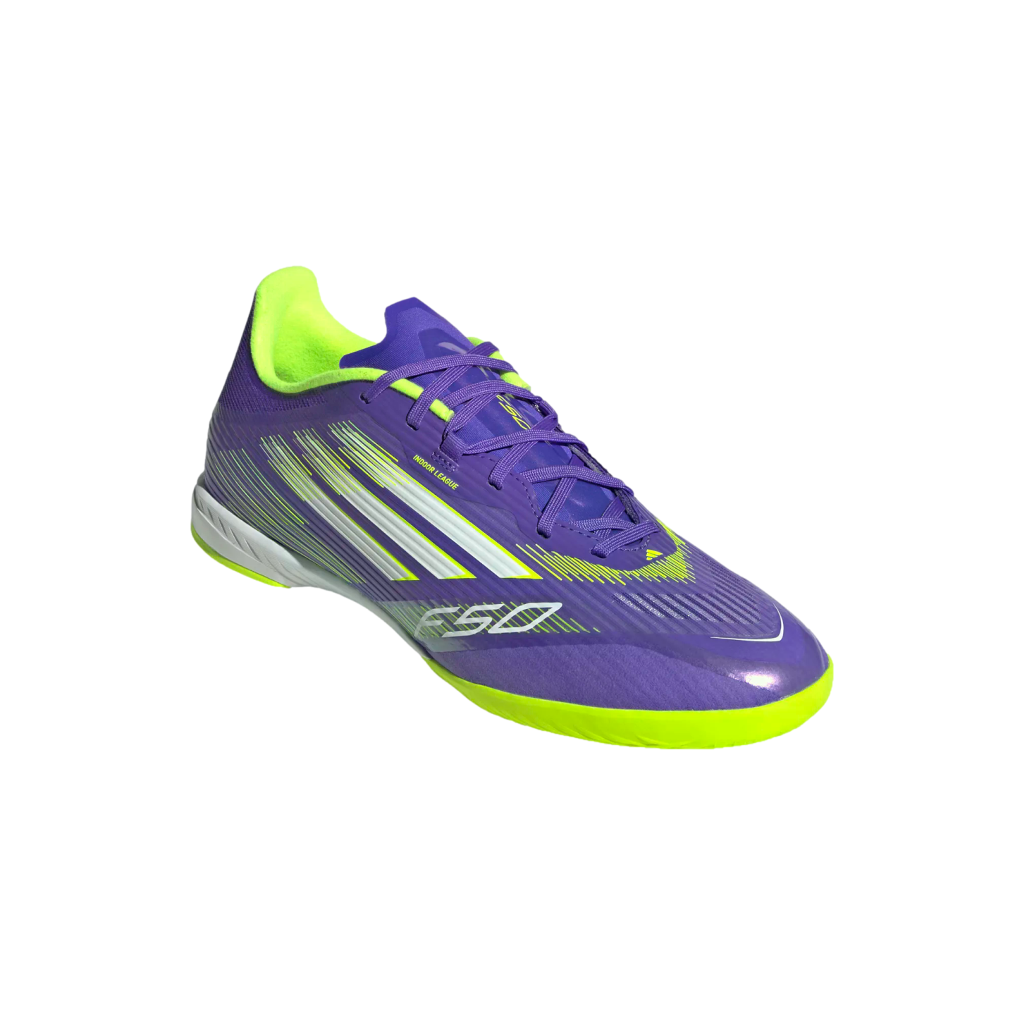 A purple and neon yellow Adidas F50 indoor soccer shoe featuring white side stripes and a bright yellow sole.
