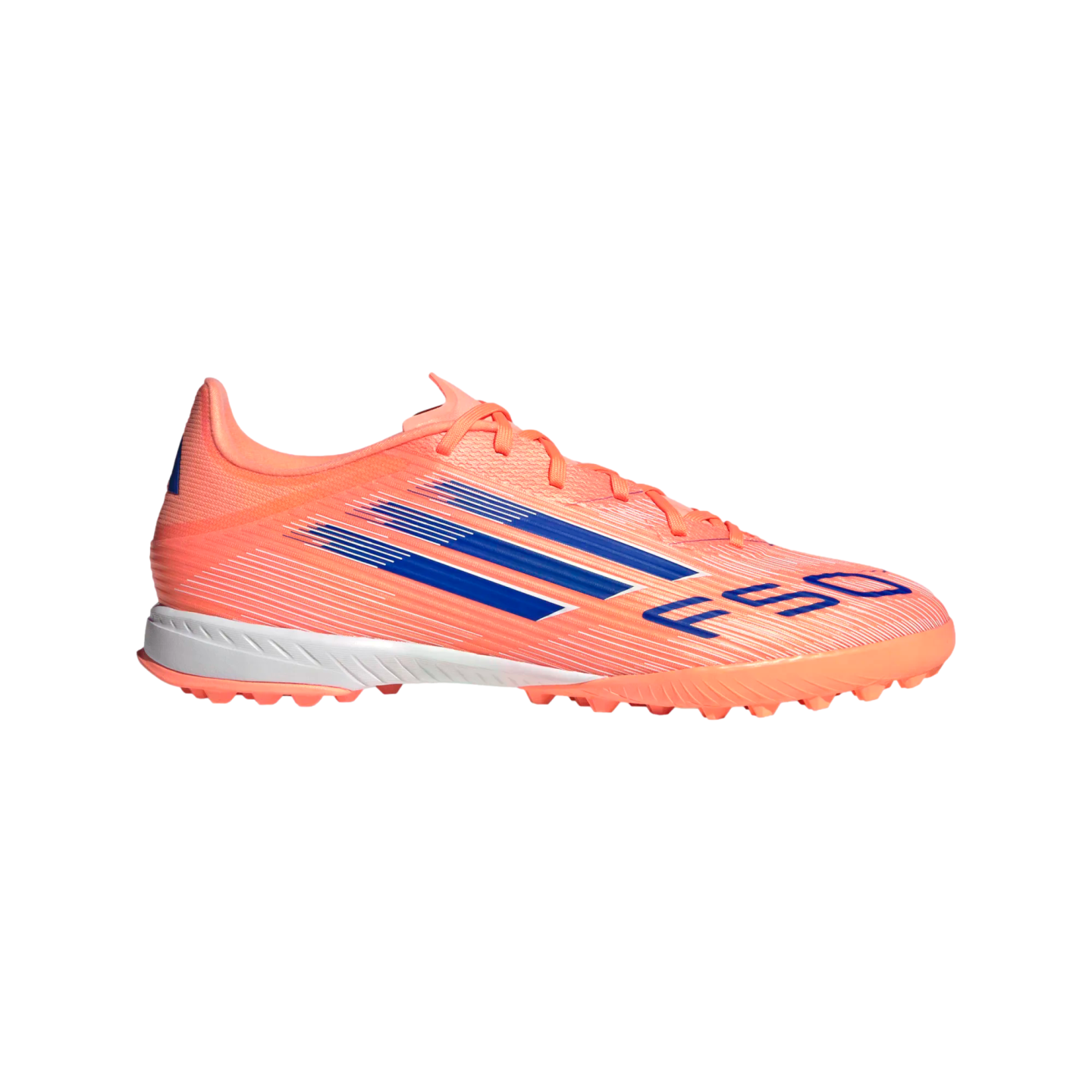 Profile view of a neon orange Adidas F50 turf soccer shoe with blue stripes and branding against a black background.