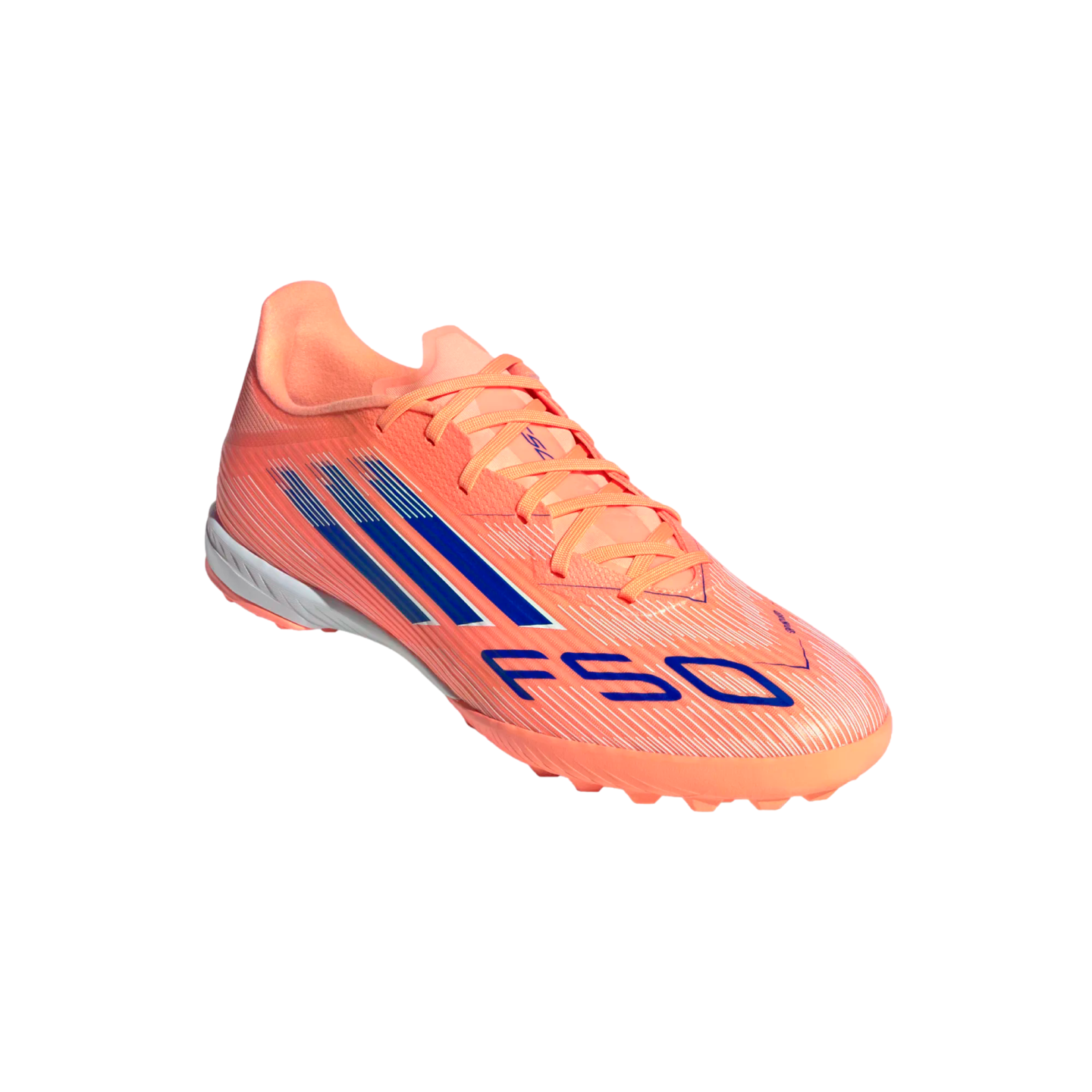 A bright coral Adidas F50 soccer cleat with blue stripes and lettering, displayed at an angle against a solid black background.