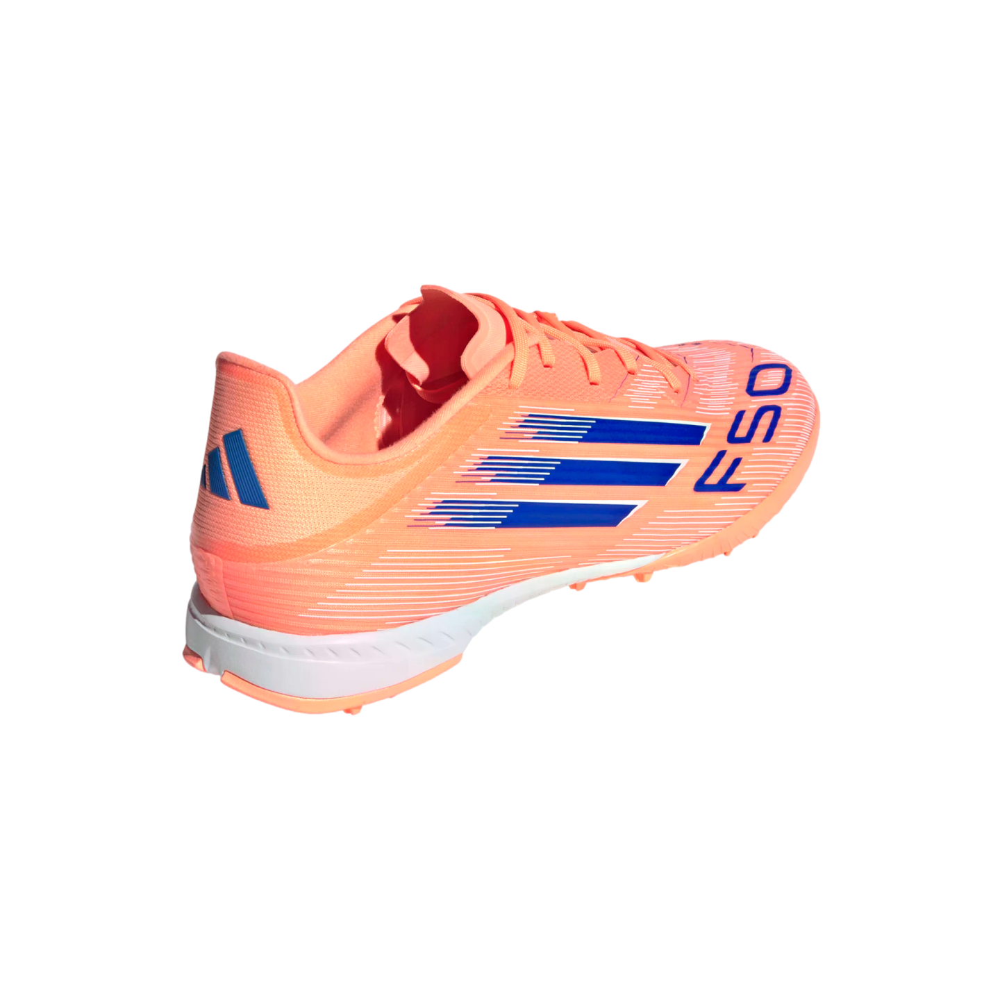 Peach-colored Adidas F50 soccer shoe with three blue stripes and "F50" branding, shown from a rear-side angle against a black background.