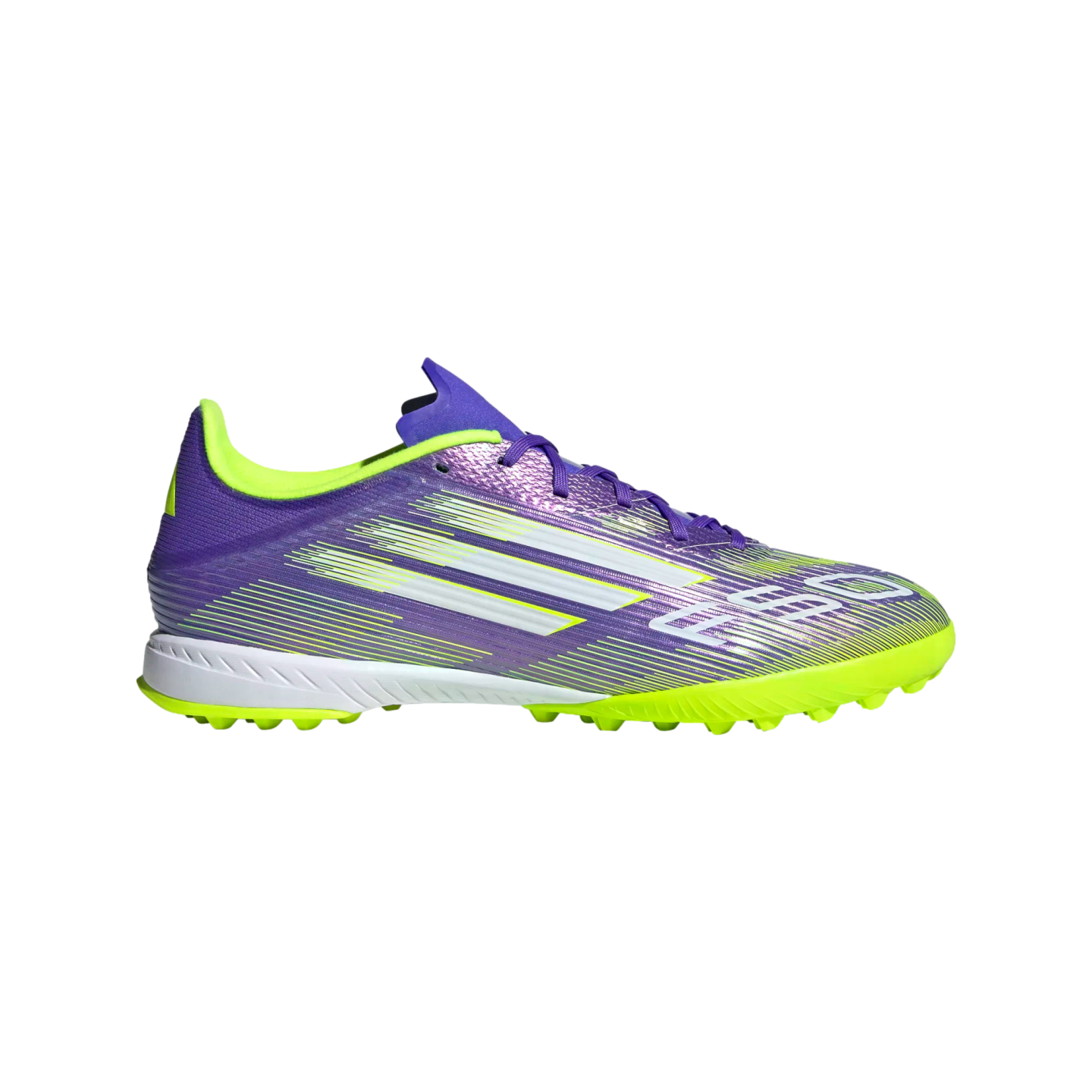 Side profile of a purple and neon yellow turf soccer shoe with white stripes and "F50" branding, set against a black background.