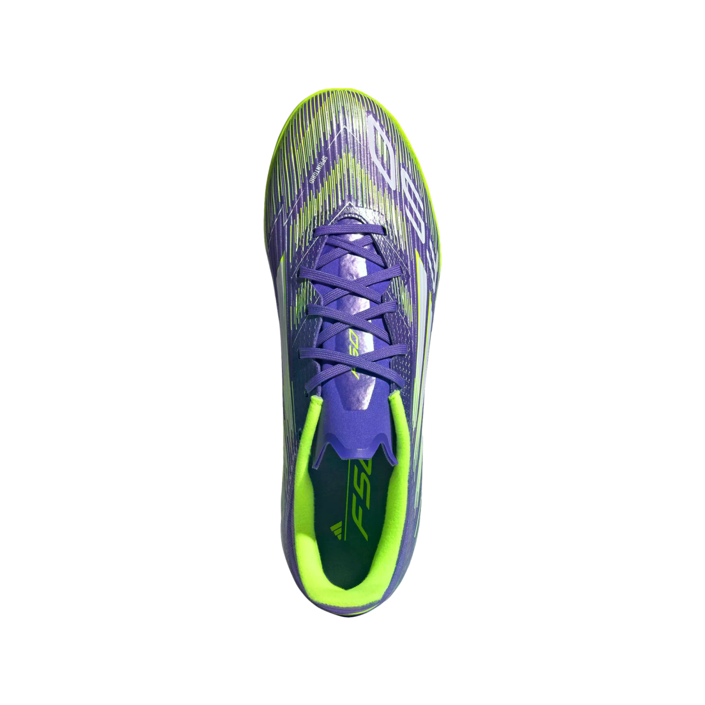 Top-down view of a purple and neon green Adidas soccer cleat featuring a striped pattern and bright green interior lining.