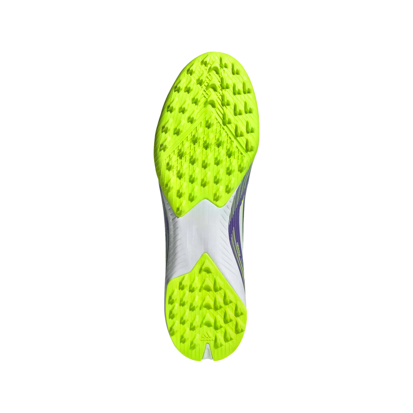 Top-down view of a bright neon green and white Adidas shoe sole with many small rubber studs, designed for turf surfaces.