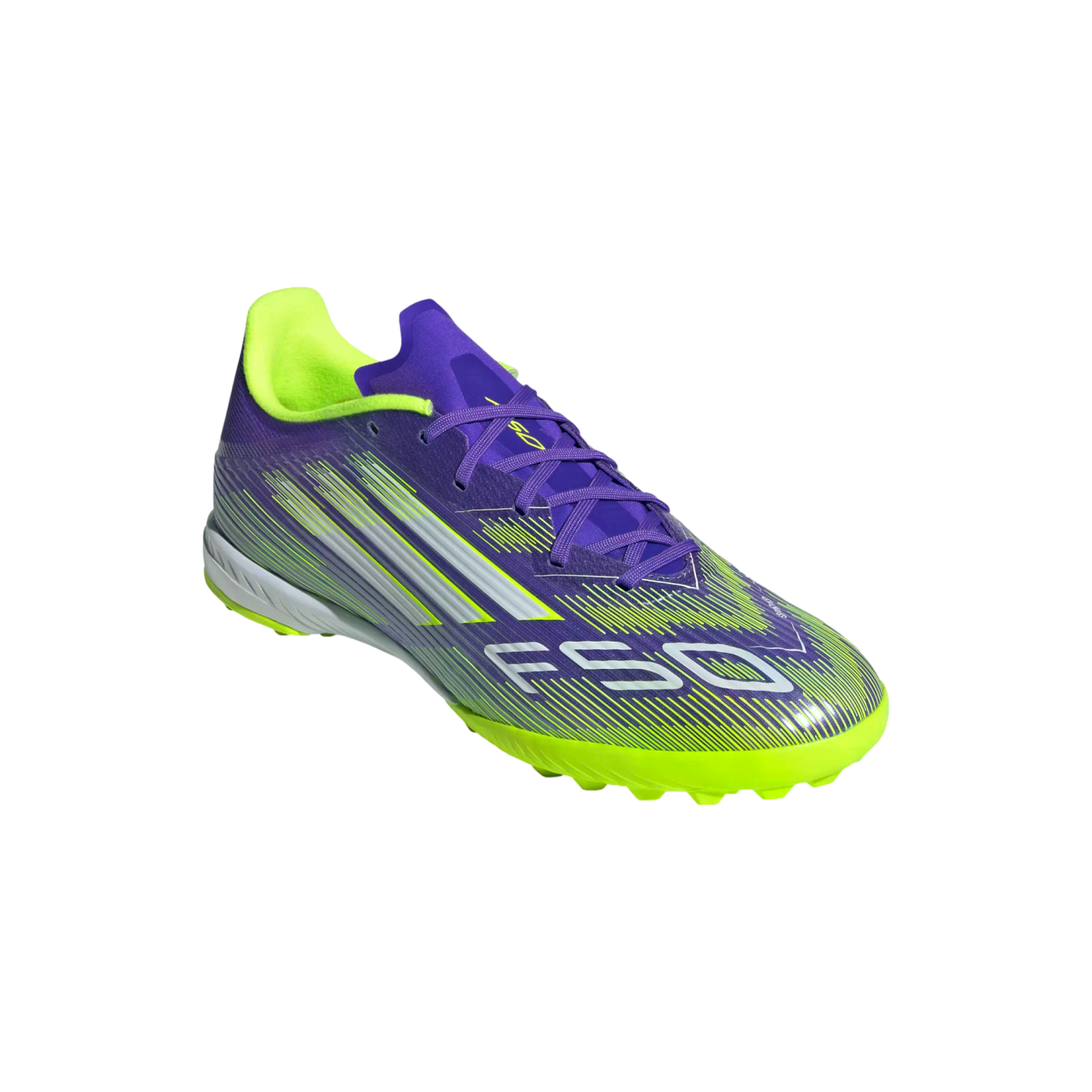 A purple and neon yellow Adidas F50 soccer cleat with silver-white accents, shown against a solid black background.