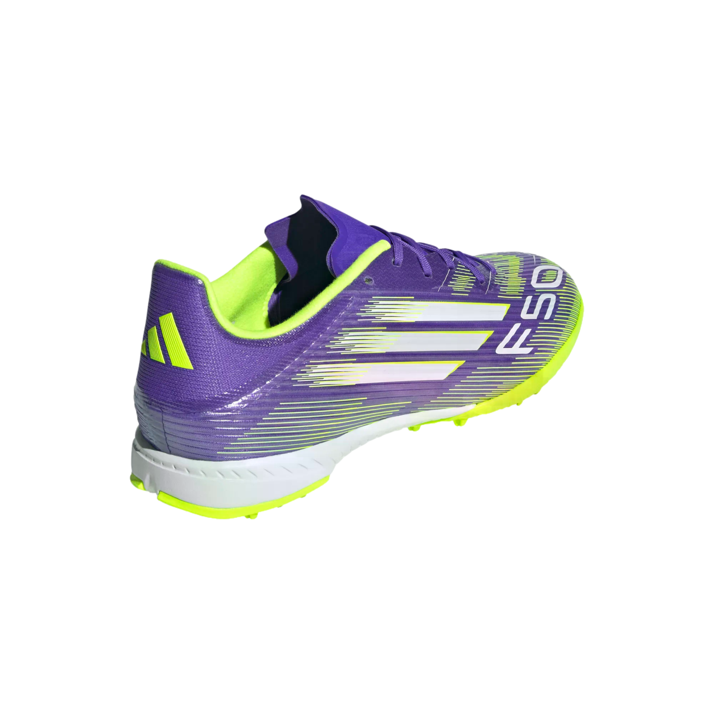 An Adidas F50 soccer shoe with a purple upper, bright lime green accents, and white stripes, shown from a rear side angle on a black background.