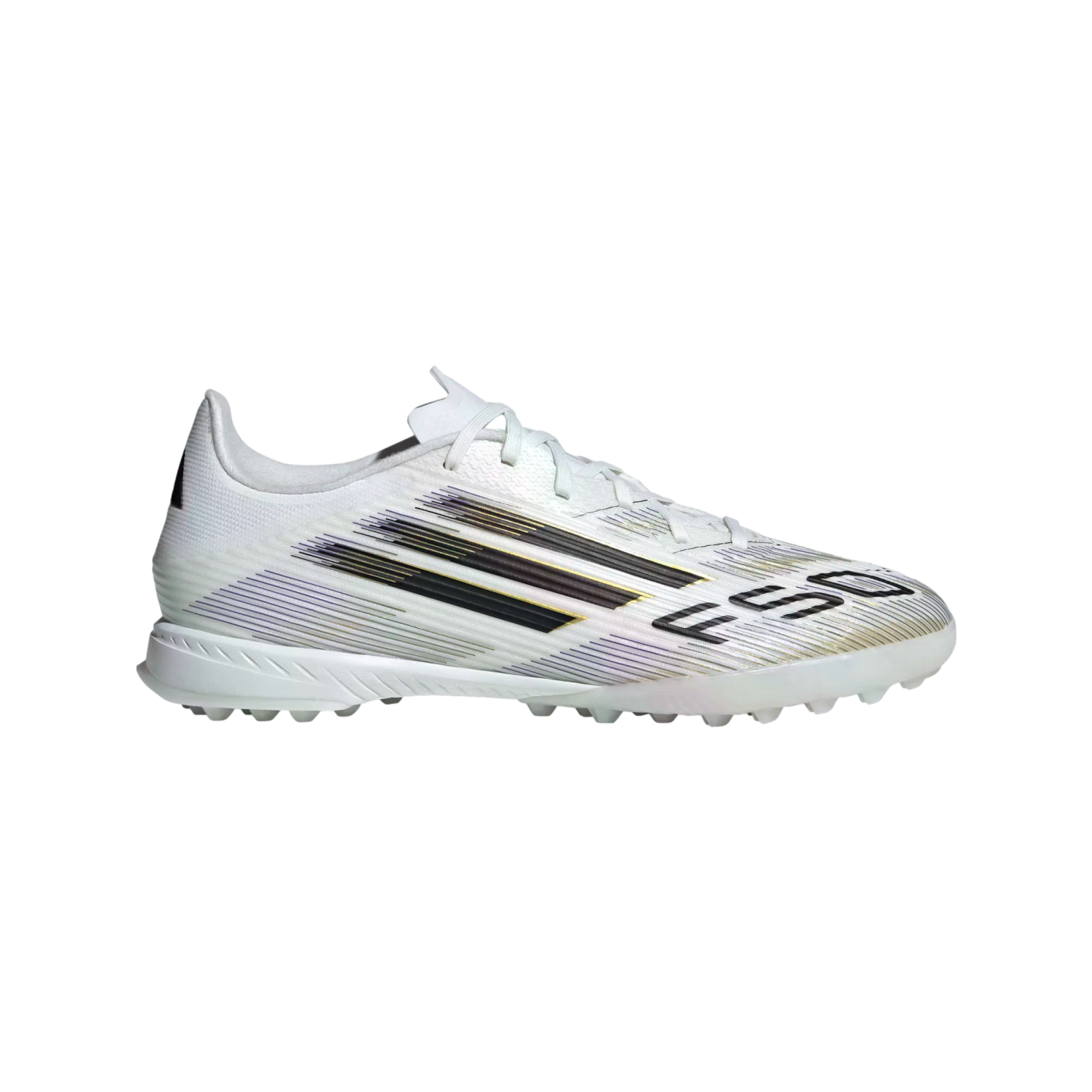 Profile view of a white Adidas F50 soccer turf shoe with black and iridescent stripes on a white background.