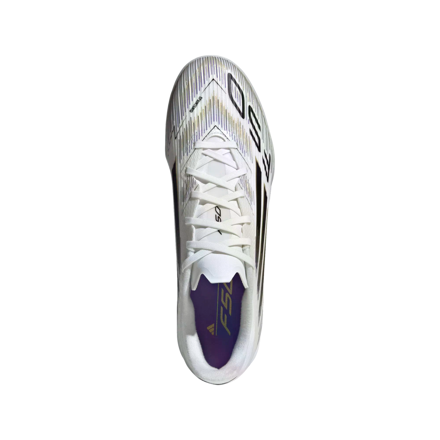 Top-down view of a white Adidas football boot with purple and gold accents. It features a linear graphic pattern, white laces, and "F50" branding, set against a plain white background.