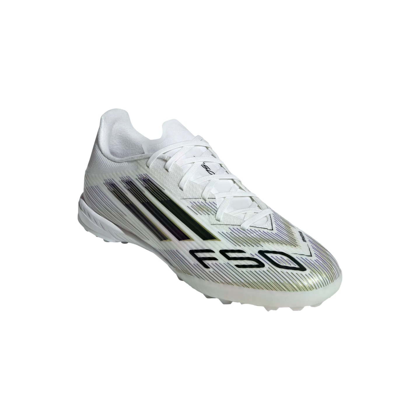 White Adidas F50 soccer cleat featuring iridescent purple and gold stripes and bold black branding.
