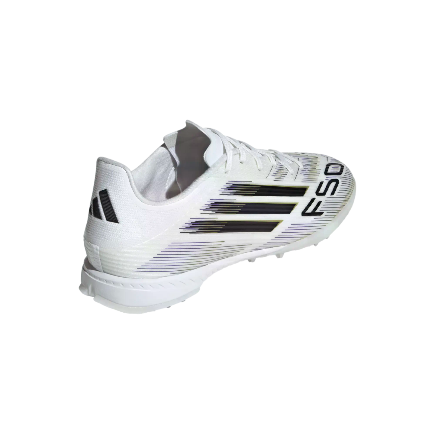 Rear three-quarter view of a white Adidas F50 soccer shoe with black and purple graphics on a white background.