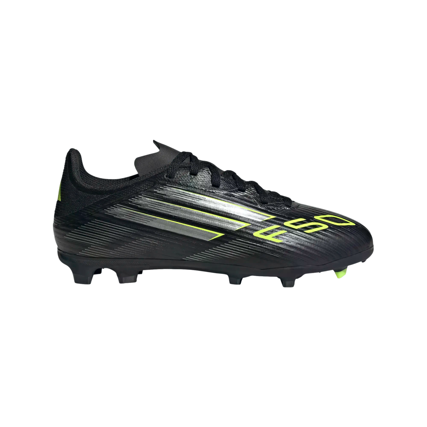 Side view of a black Adidas F50 soccer cleat with silver stripes and neon yellow accents, set against a solid black background.
