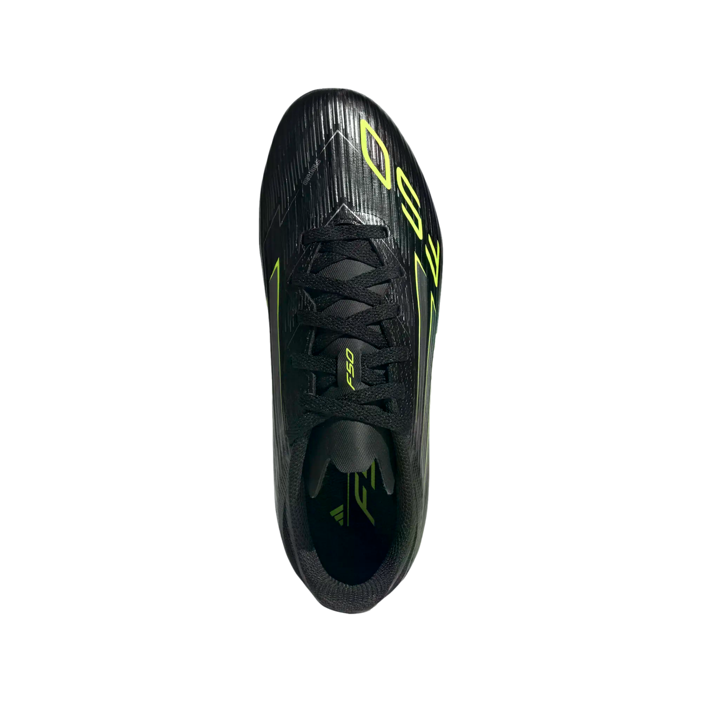 Top-down view of a black Adidas F50 soccer cleat featuring neon yellow accents and black laces, centered on a solid black background.