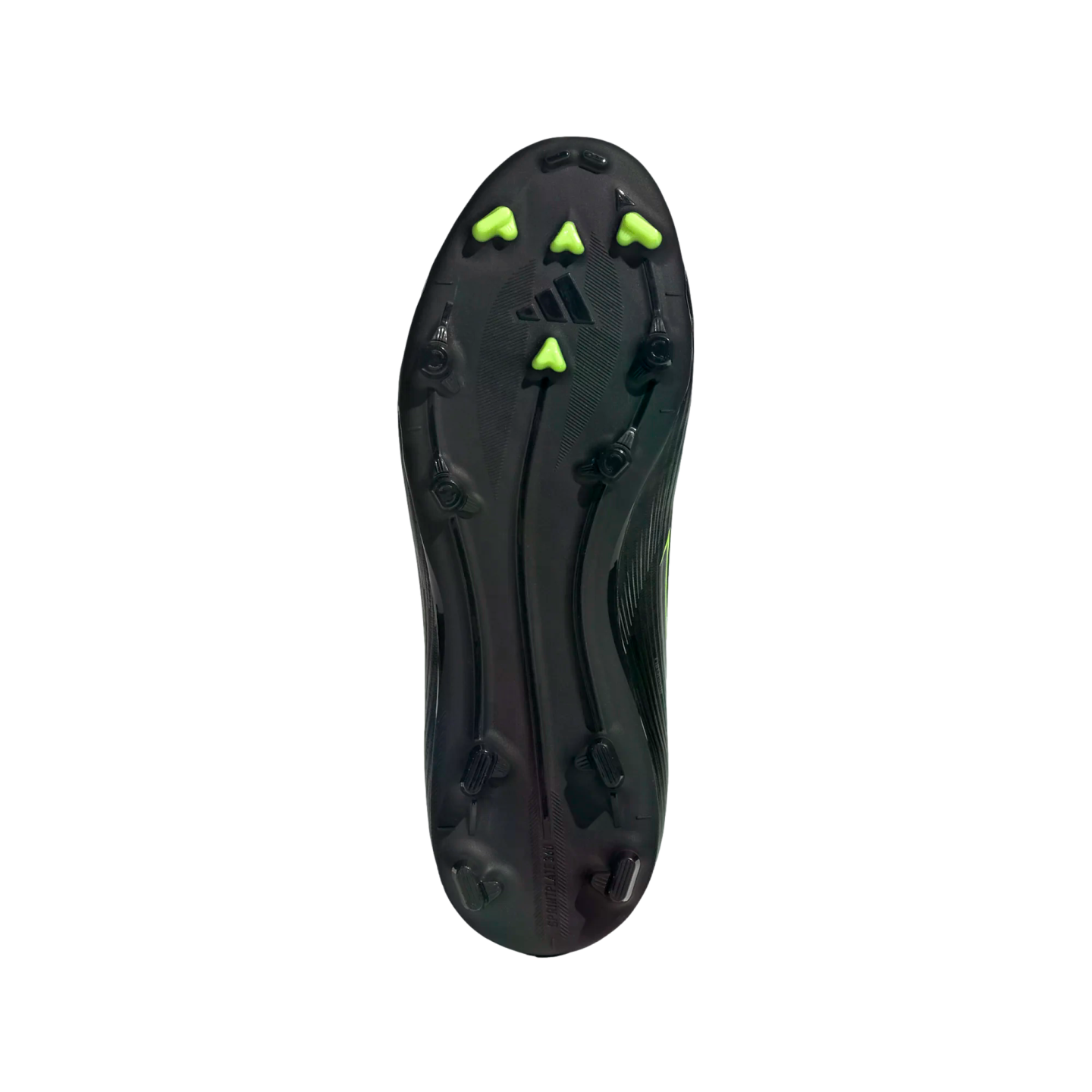 Bottom view of a black Adidas soccer cleat showing its soleplate with neon green and black studs, centered against a solid black background.