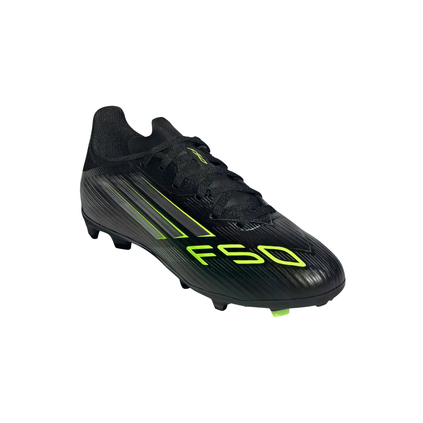 A black soccer cleat with neon green accents and "F50" branding on the side. Features textured diagonal lines and black laces.