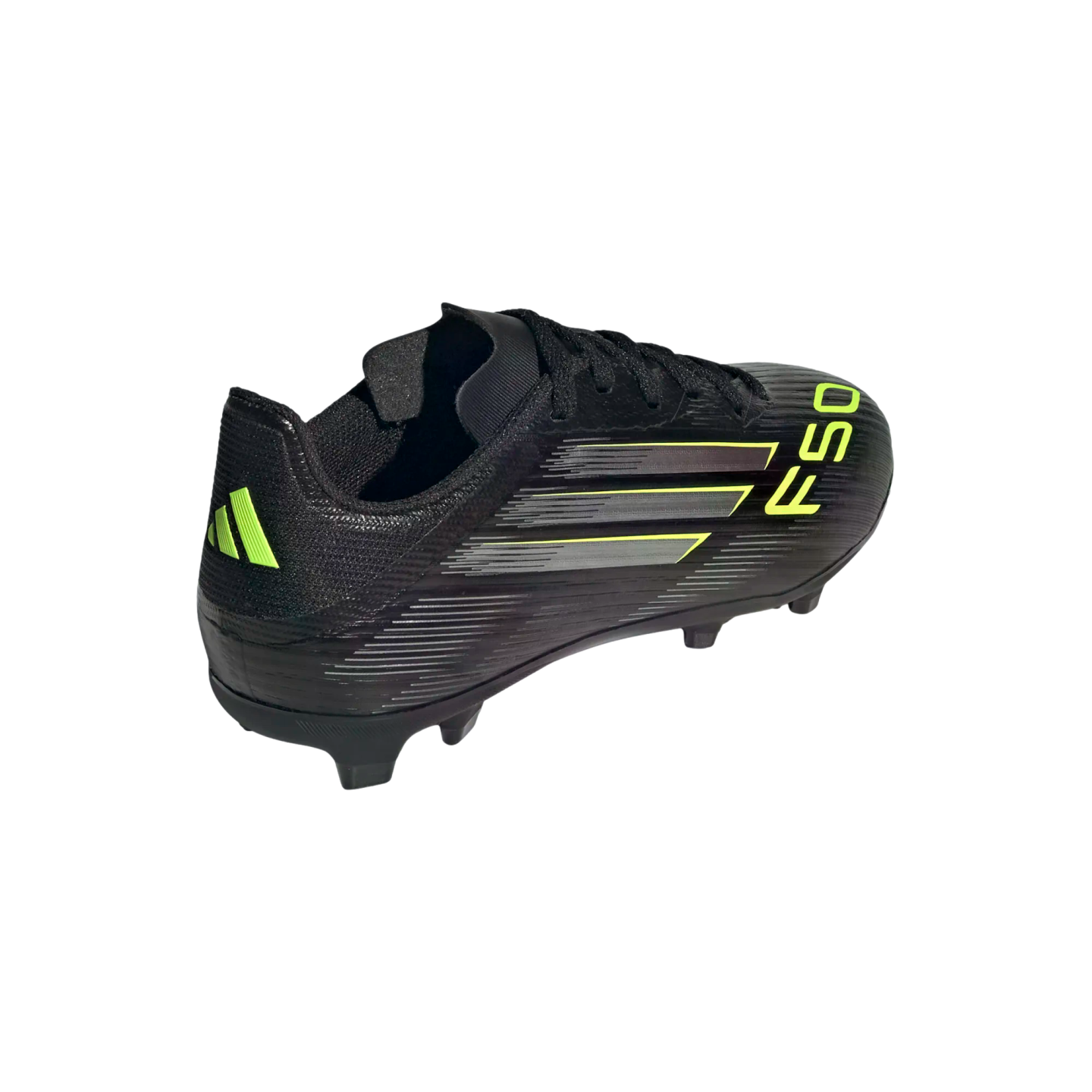 Rear-side view of a black Adidas F50 soccer cleat with neon yellow accents on the heel and side, featuring a textured upper and studded outsole.