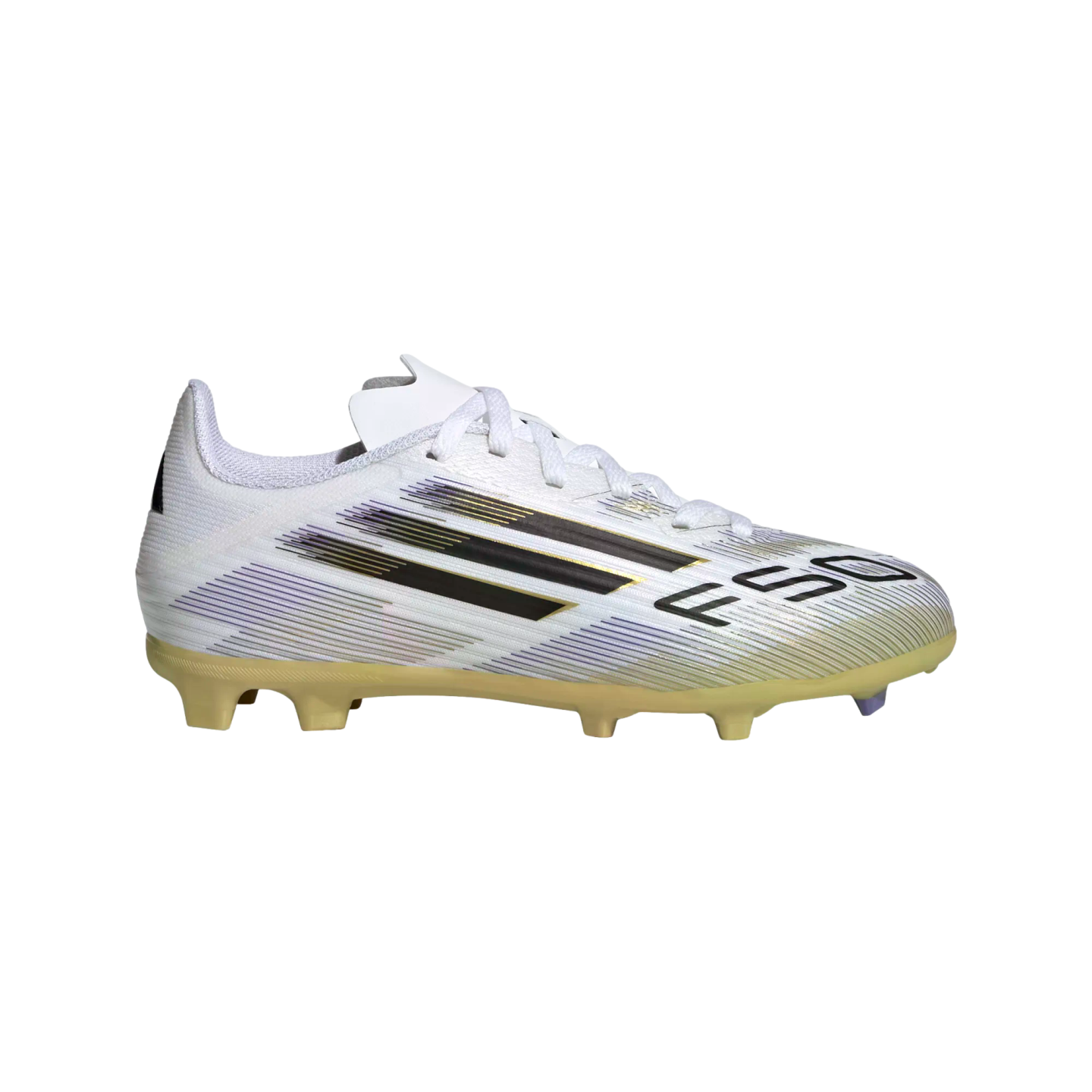 Side view of a white Adidas F50 soccer cleat with black and gold stripes and a gold studded soleplate.