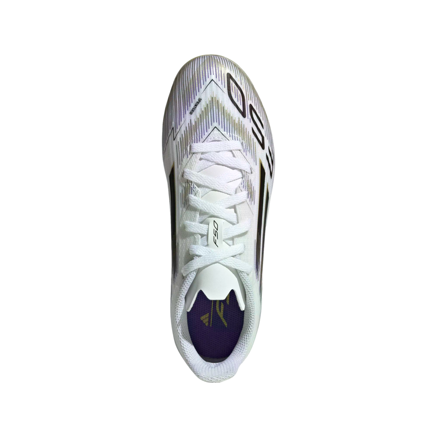Top-down view of a white Adidas F50 soccer cleat with purple and gold patterned details, white laces, and a purple insole, set against a plain white background.