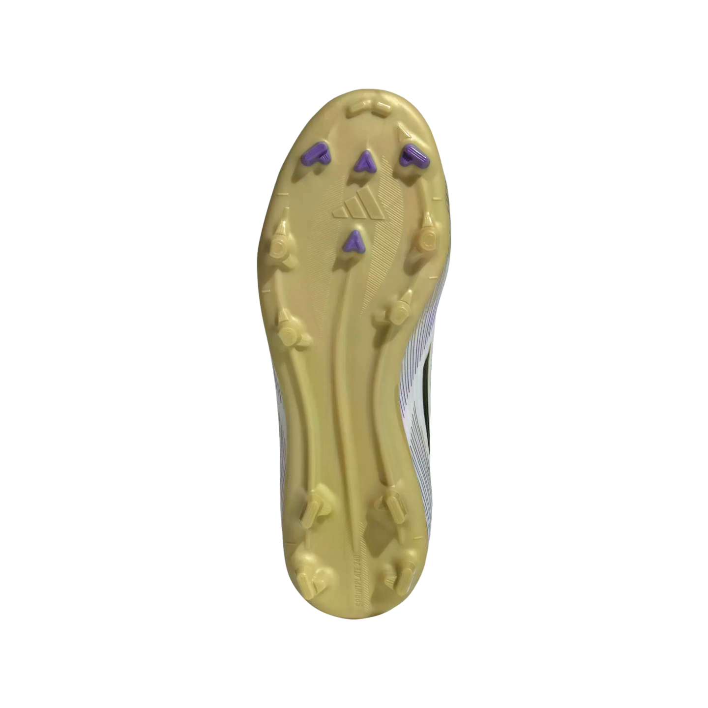 Bottom view of a gold Adidas soccer cleat soleplate with purple triangular studs on a white background.