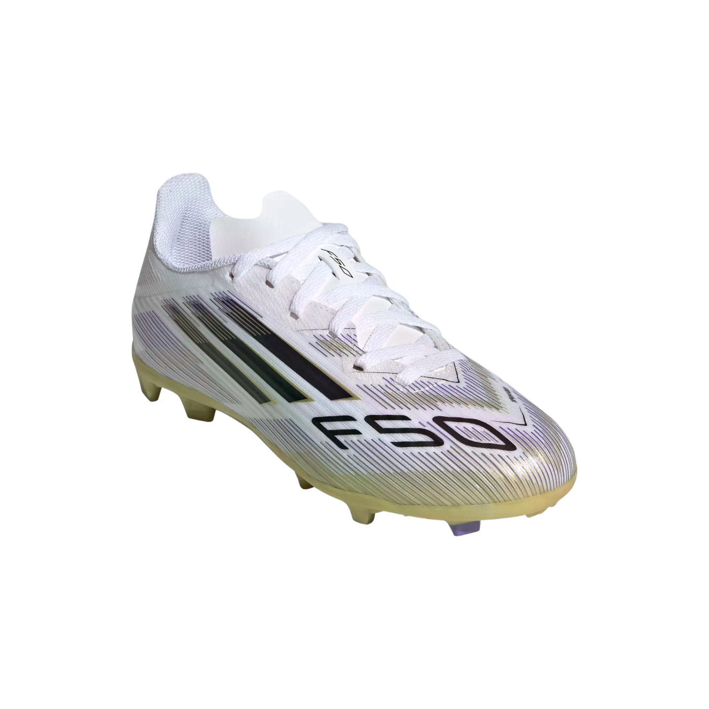 A white soccer cleat with black and purple stripes, white laces, and a gold-tinted studded sole. The text "F50" is printed in bold black letters on the side.