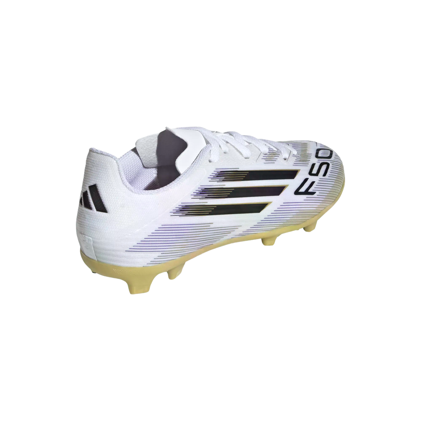 A white Adidas F50 soccer cleat with black stripes and a gold-colored studded soleplate, shown from a rear three-quarter view against a plain white background.
