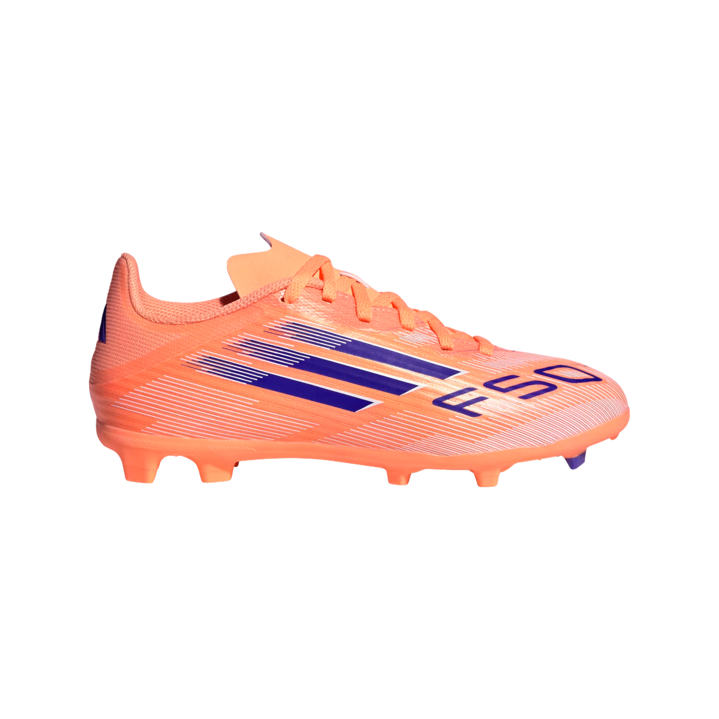 Bright orange soccer cleat with blue graphic stripes and 'F50' branding, shown in profile against a black background.