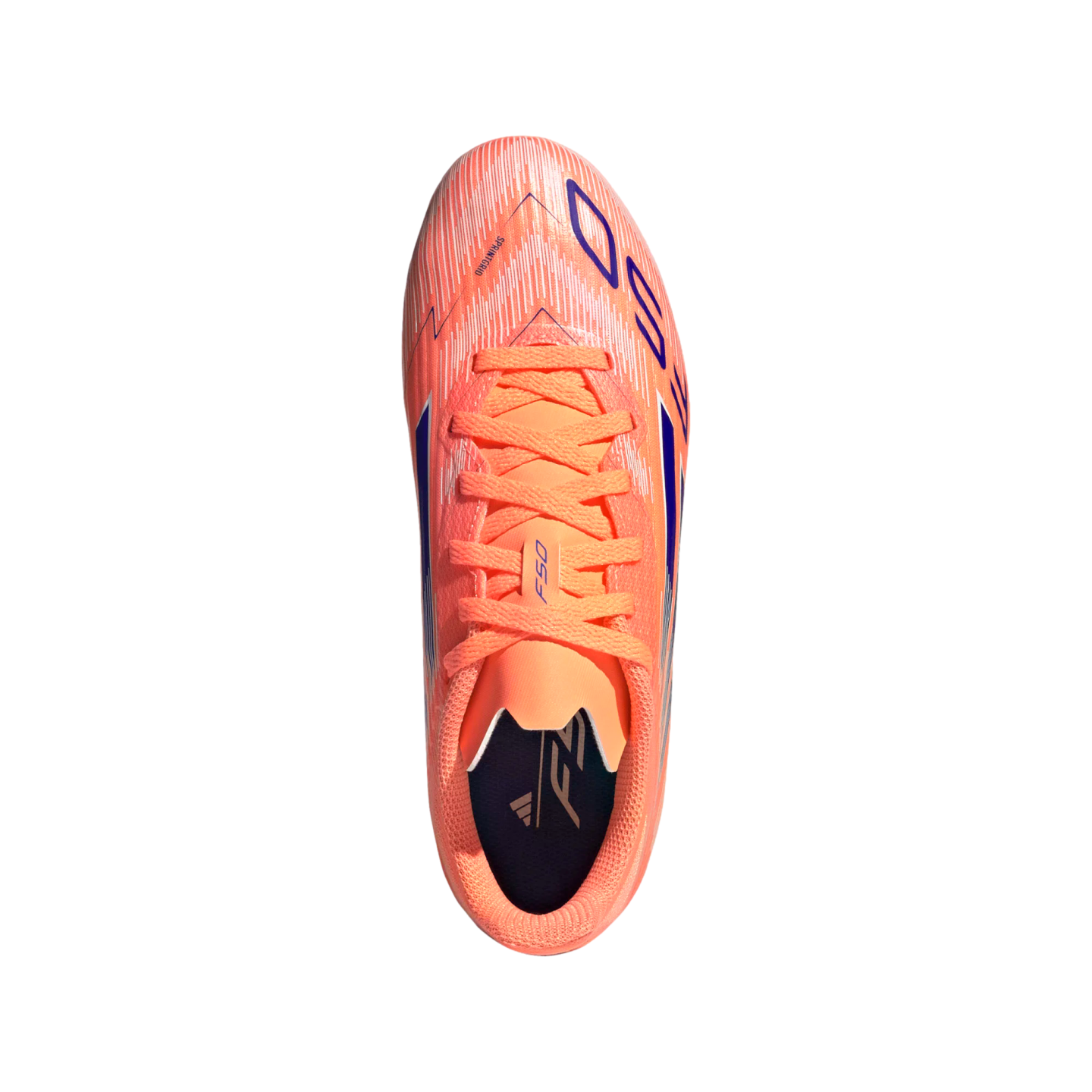 Top-down view of a bright orange Adidas F50 soccer cleat with blue and white detailing, shown against a solid black background.