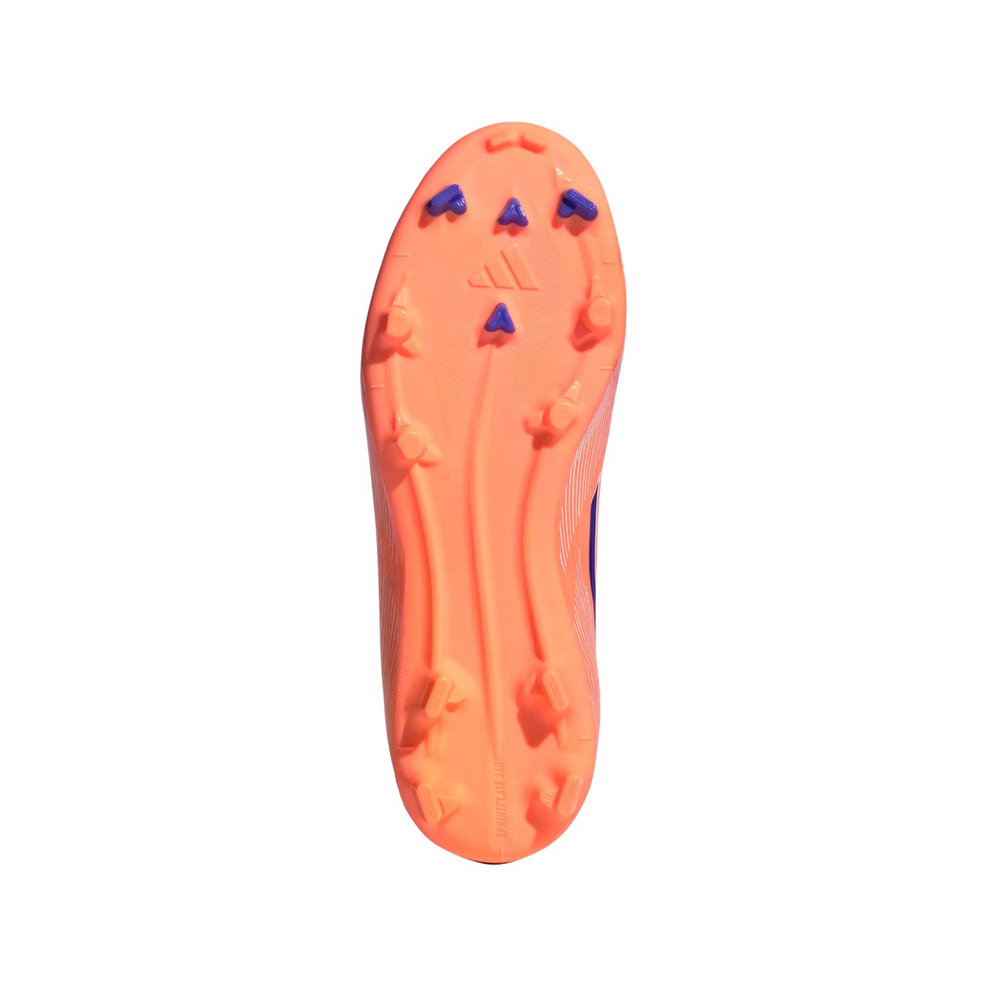 Orange Adidas soccer cleat soleplate with purple and orange studs, shown against a solid black background.