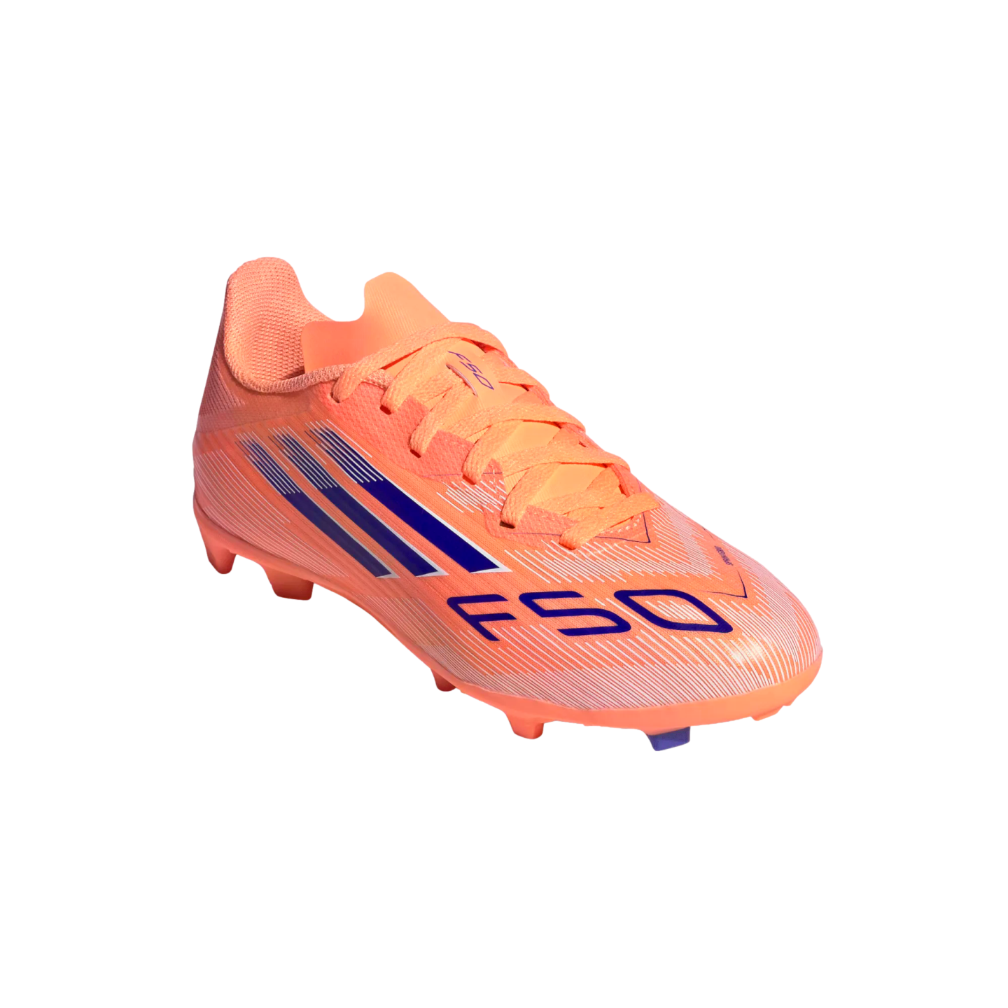 Vibrant orange Adidas F50 soccer cleat with blue stripes and purple branding, isolated on a black background.