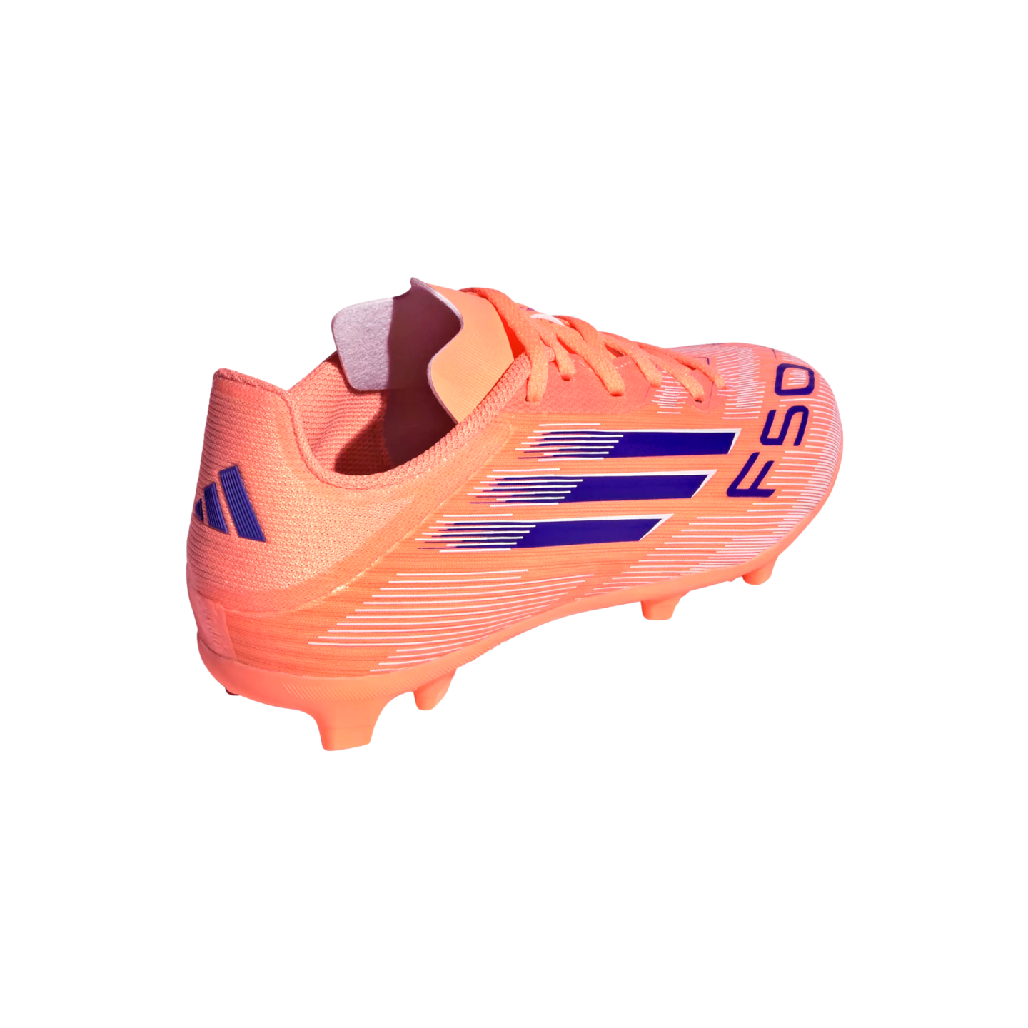An orange Adidas F50 soccer cleat with blue stripes and white details, shown from a rear-side angle on a black background.