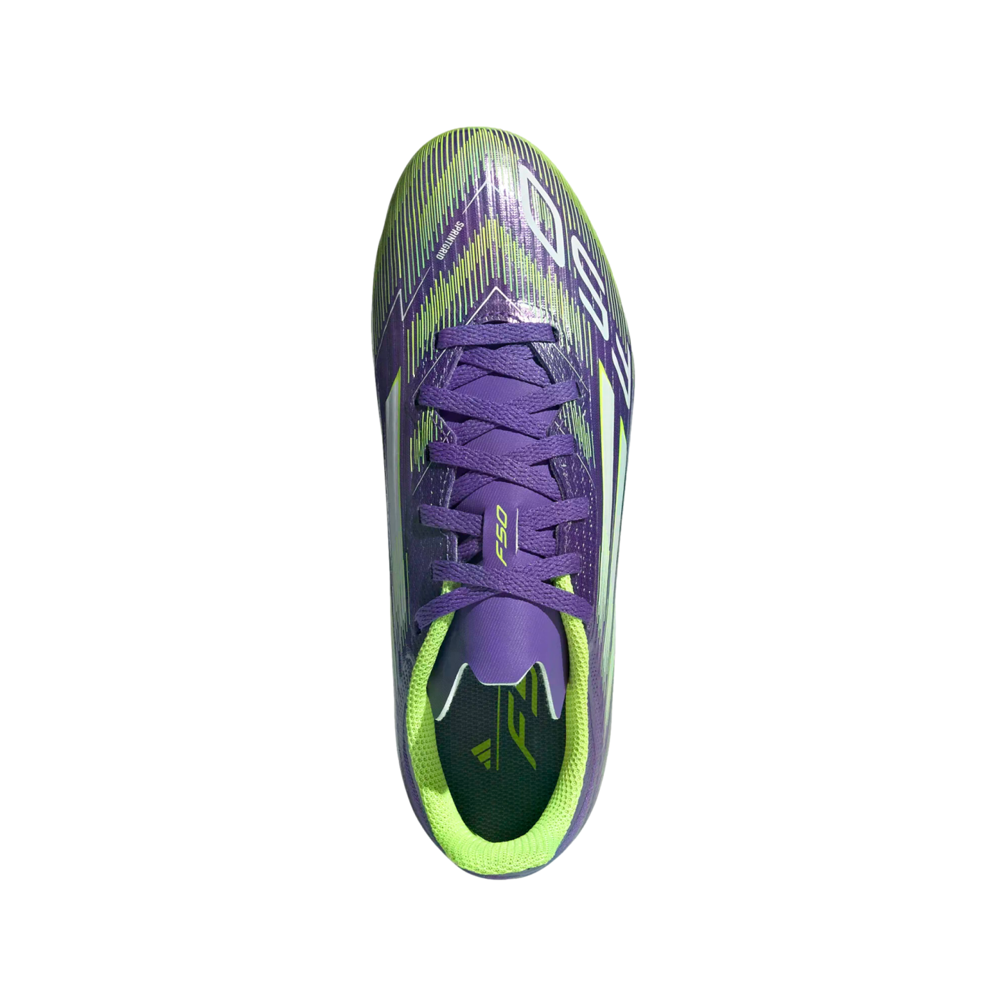 Top-down view of a purple and lime green Adidas F50 soccer cleat against a black background.