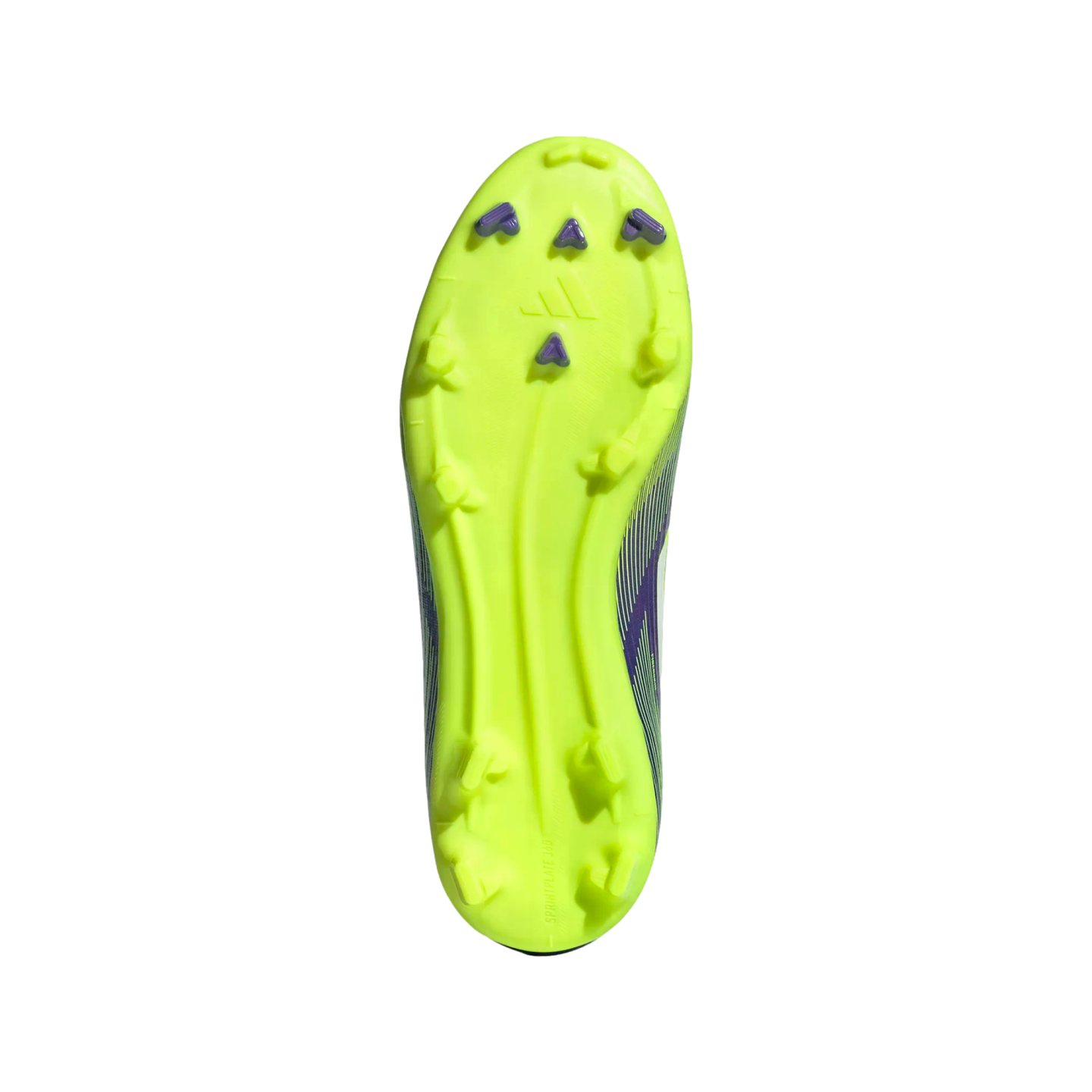 Bottom view of a neon yellow Adidas soccer cleat featuring purple studs.