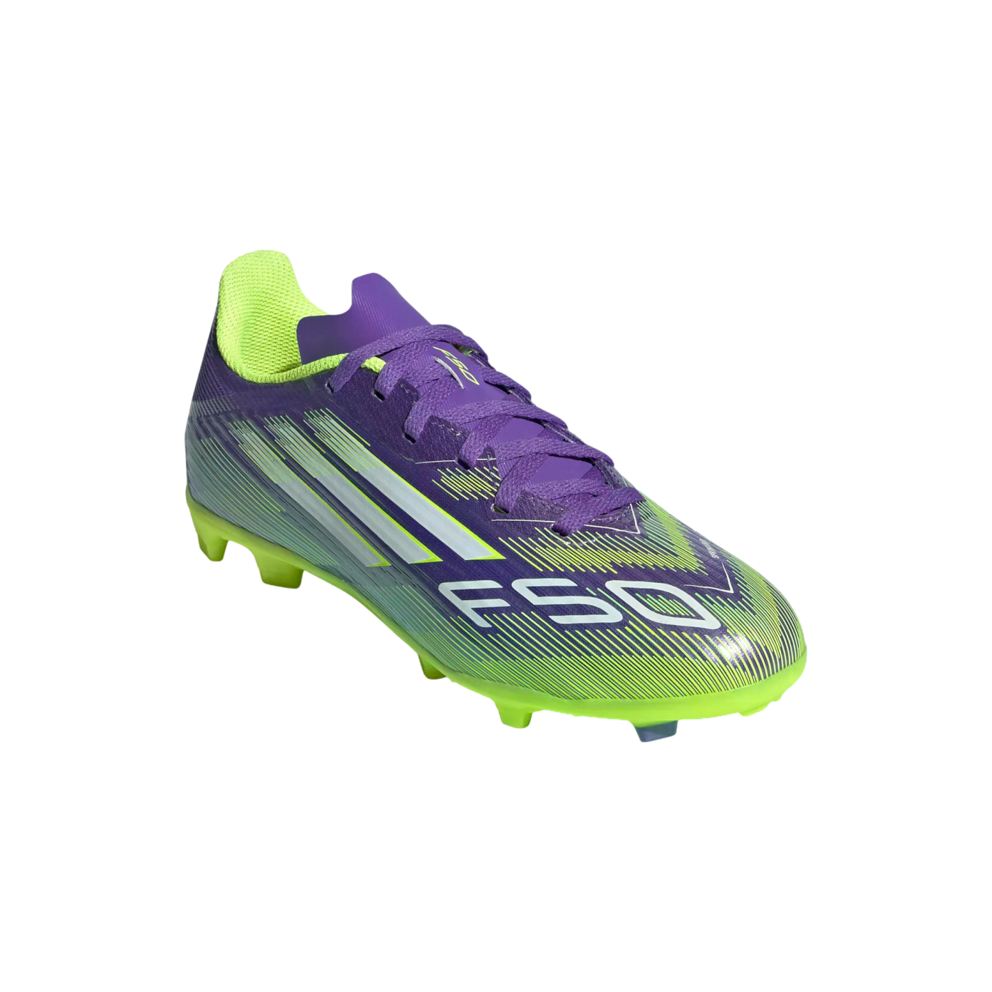 An Adidas F50 soccer cleat in vibrant purple and lime green with white accents, angled against a solid black background.