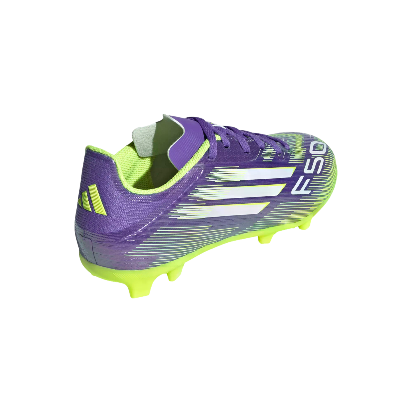 An Adidas F50 soccer cleat in purple and lime green with white stripes, shown from a rear three-quarter angle.