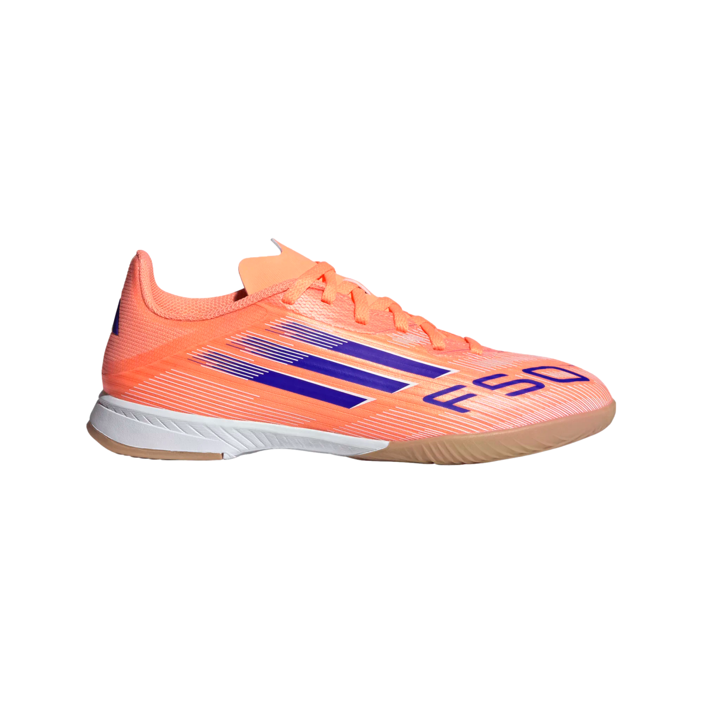 Profile view of a bright orange Adidas F50 indoor soccer shoe with purple stripes and a white and gum outsole, against a black background.