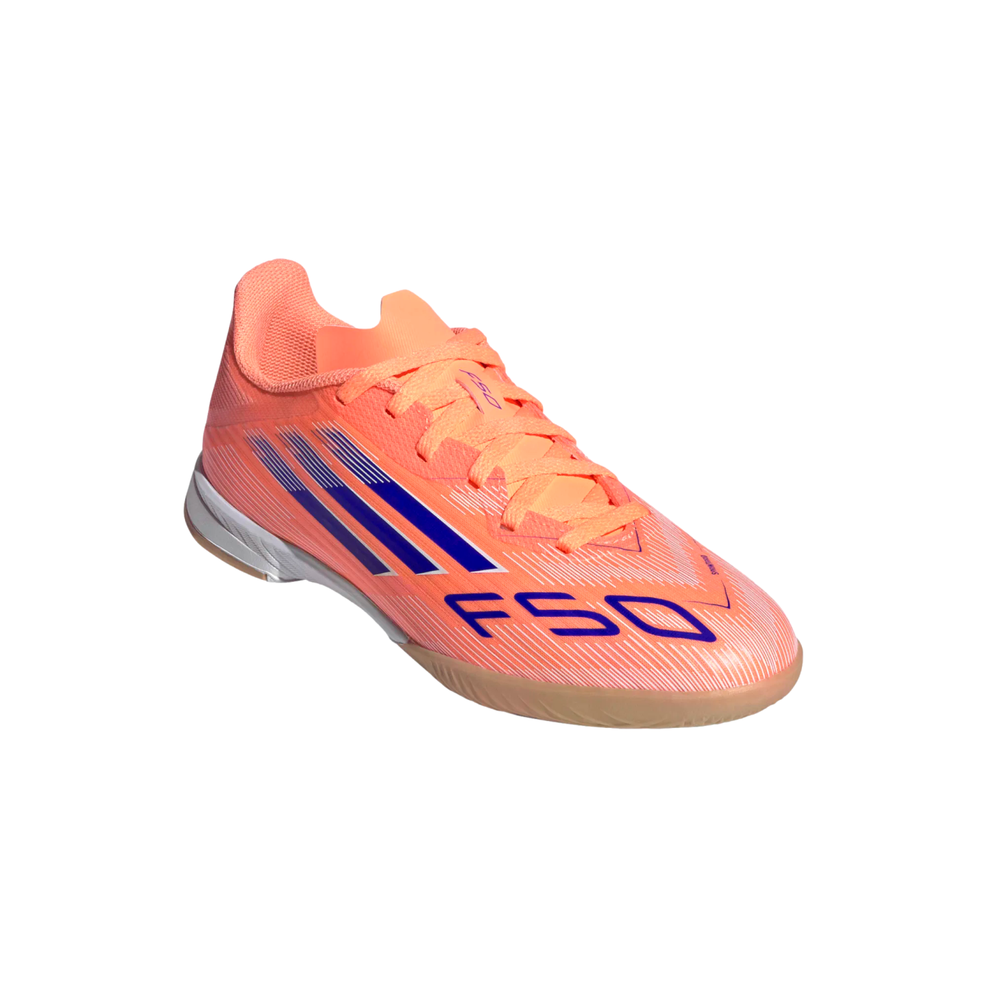 A bright orange and coral Adidas F50 indoor soccer shoe with blue stripes and logo on a solid black background.