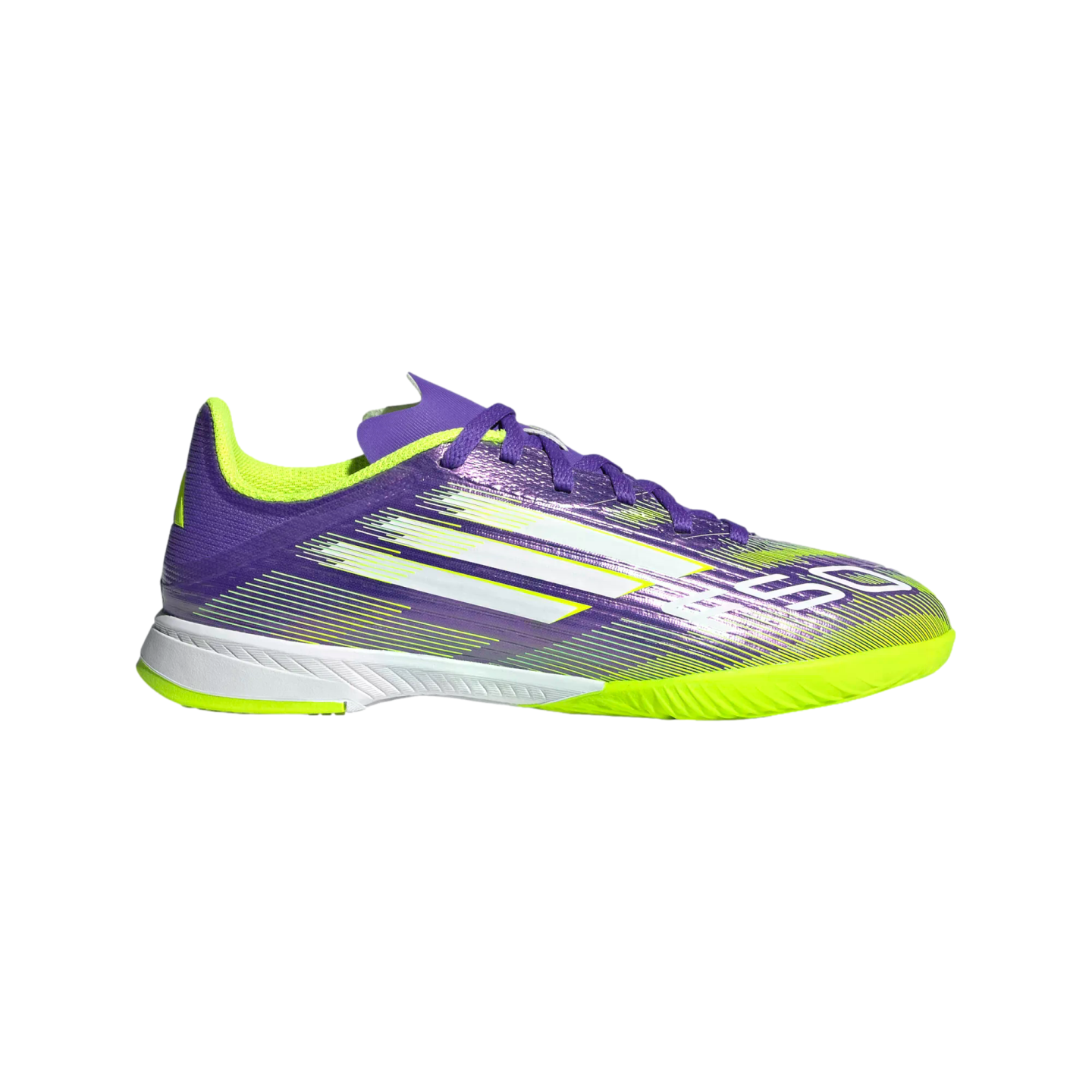Purple and neon yellow indoor soccer shoe with three white stripes, shown in a side profile view against a solid black background.