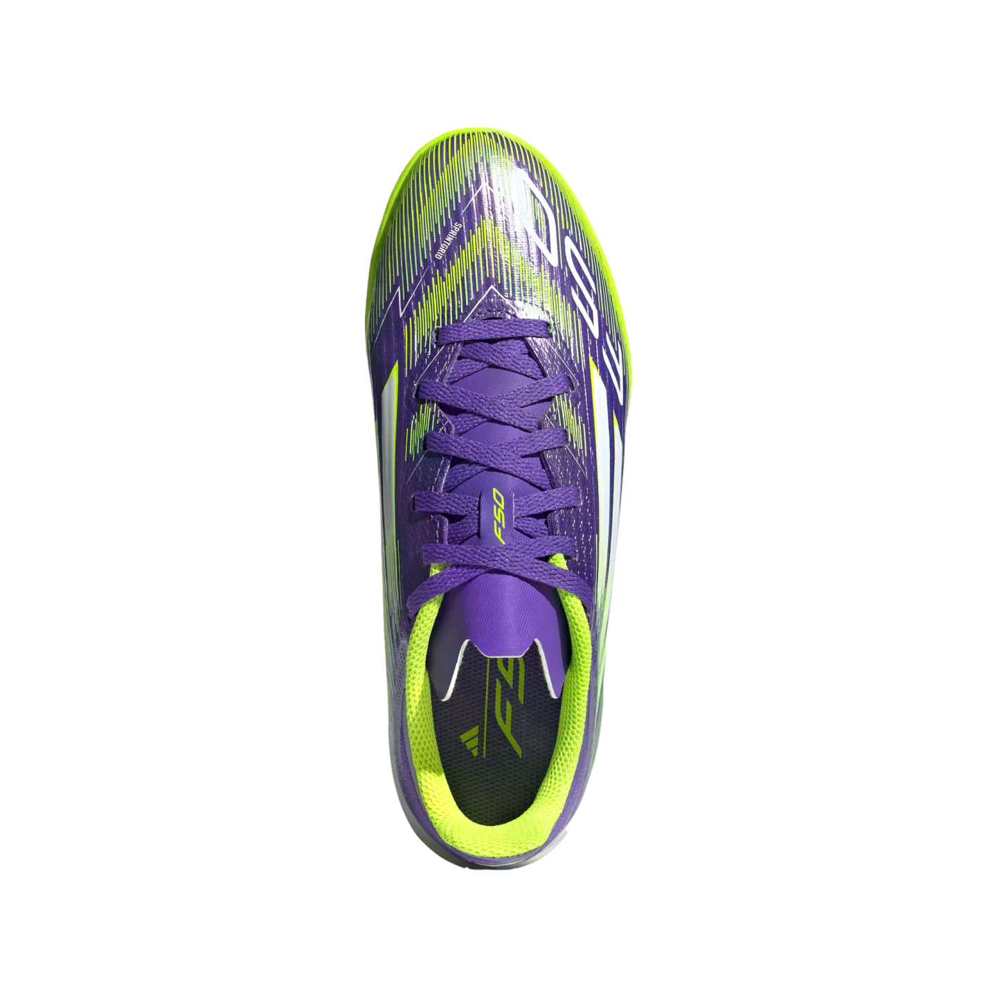 Overhead view of a purple and neon green Adidas F50 soccer cleat with white accents, set against a solid black background.