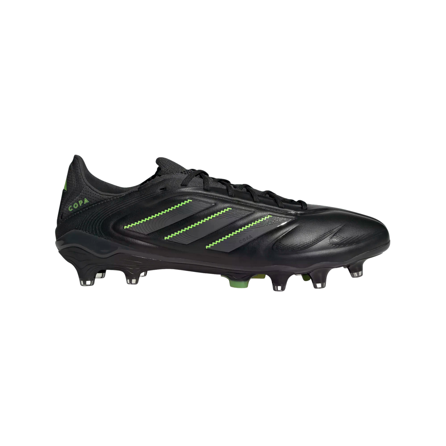 A side profile of a black Adidas Copa soccer boot with lime green zigzag stripes and "COPA" branding on the heel.