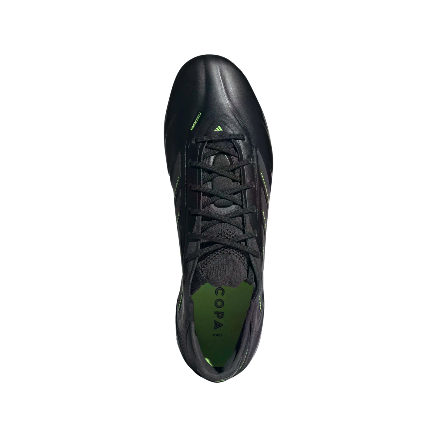 Top-down view of a black Adidas Copa soccer cleat with neon green accents and "COPA" branding on the insole.