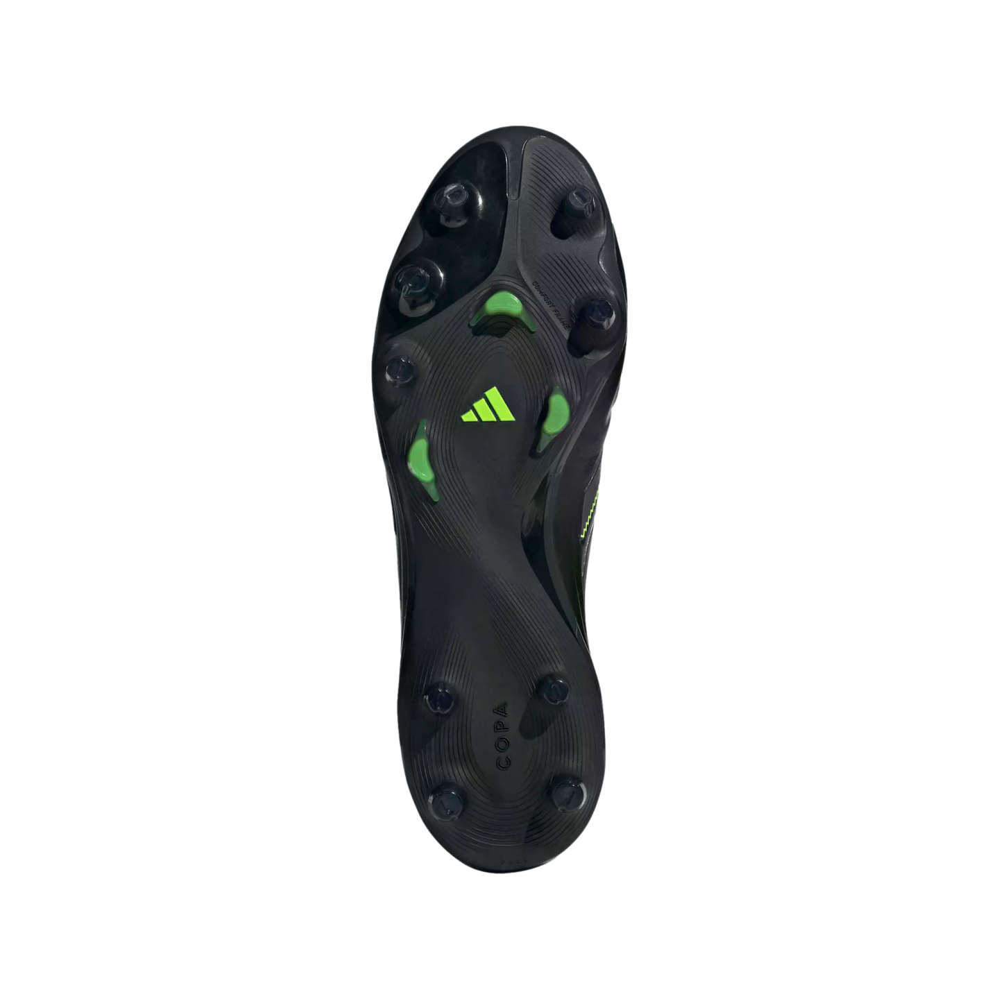 A black Adidas Copa soccer cleat soleplate with neon green logo and stud accents, shown against a solid black background.