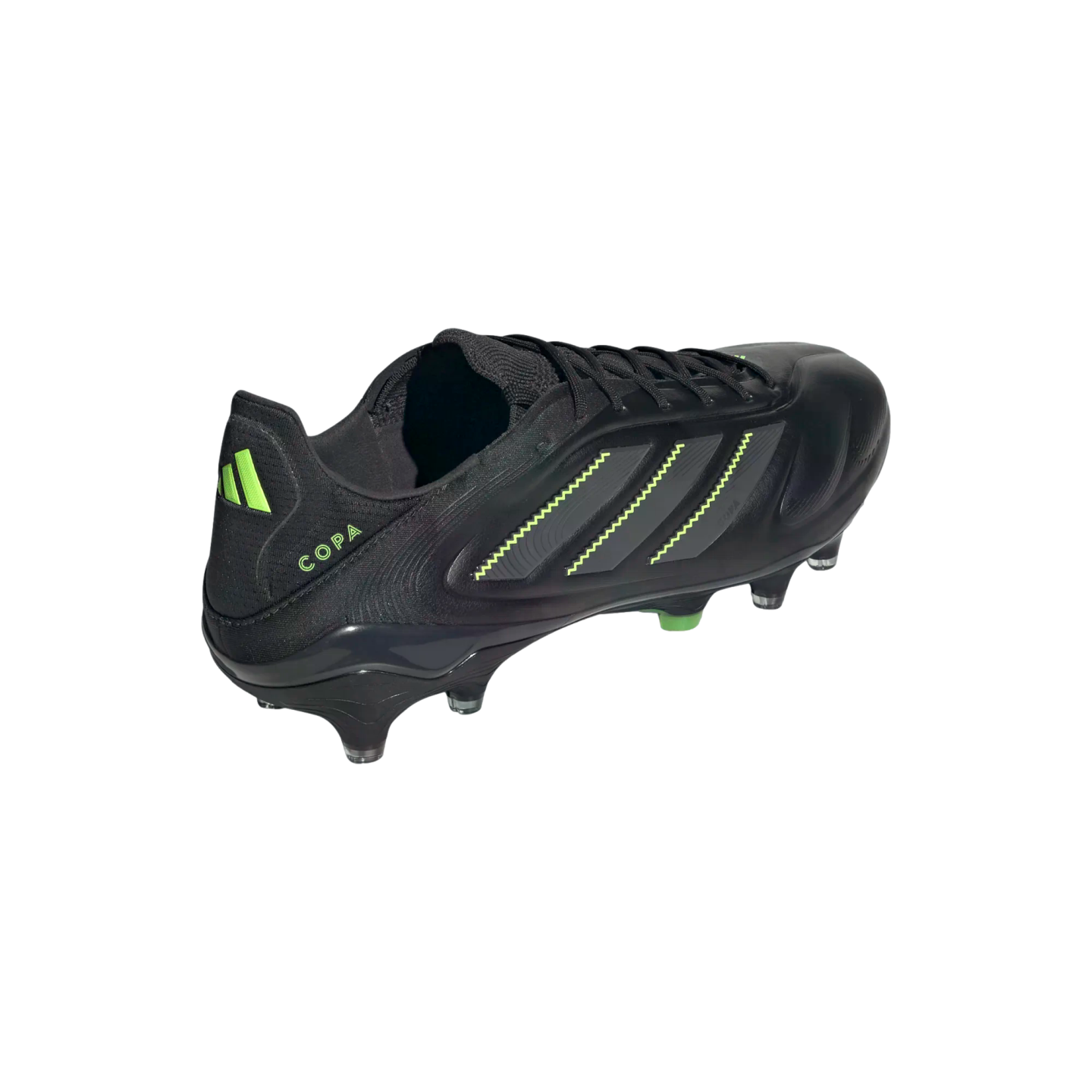 Black Adidas Copa soccer cleat with lime green accents, featuring zigzag stitching on the side stripes and "COPA" on the heel, set against a black background.